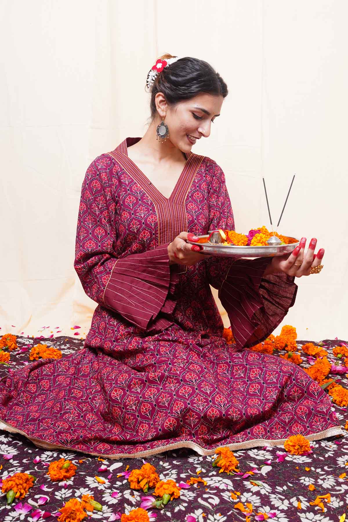 Buy Maroon Cotton Printed Kurta Set for Women Online