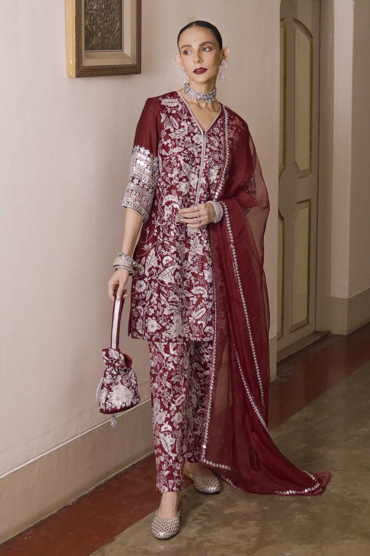 Maroon Cotton Silk Kurta Set