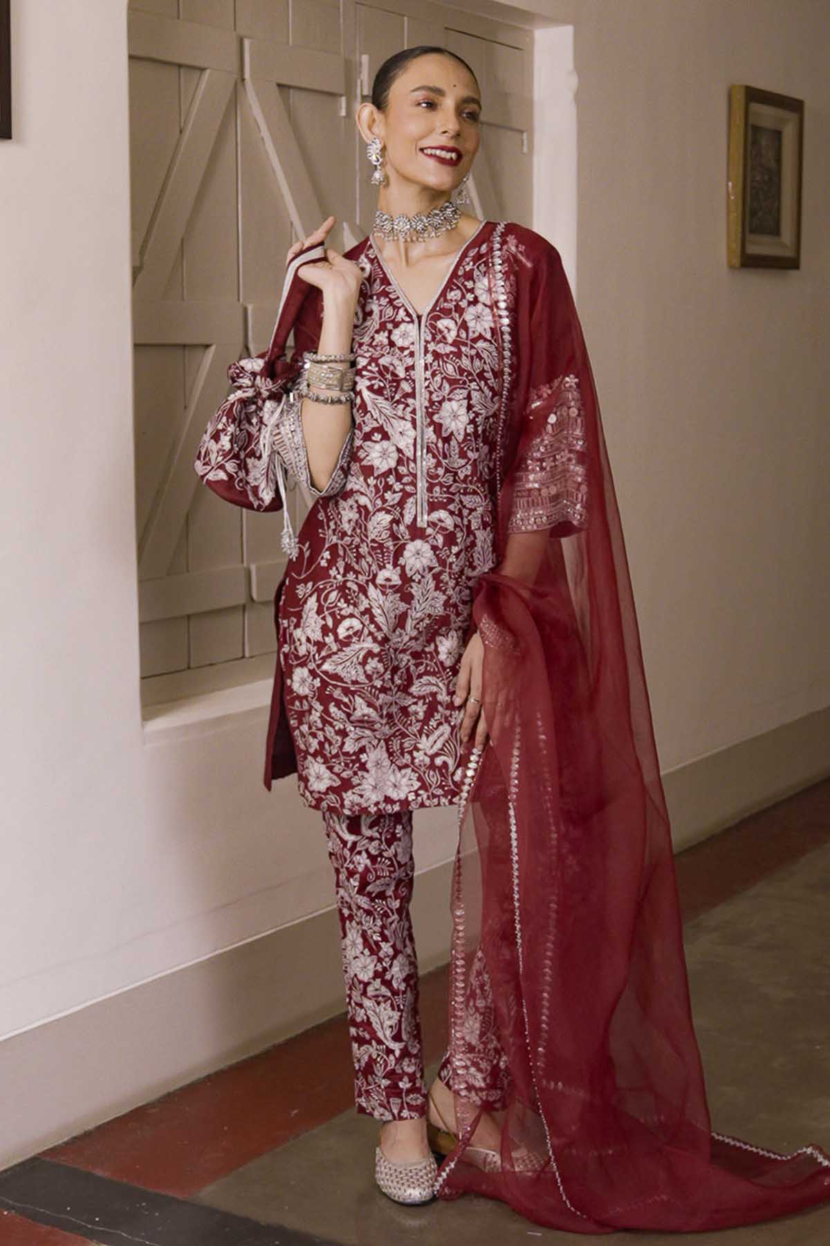 Maroon Cotton Silk Kurta Set