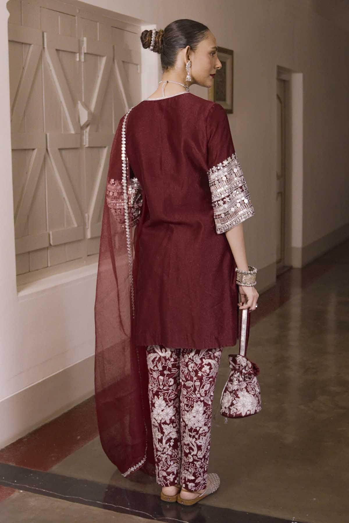 Maroon Cotton Silk Kurta Set