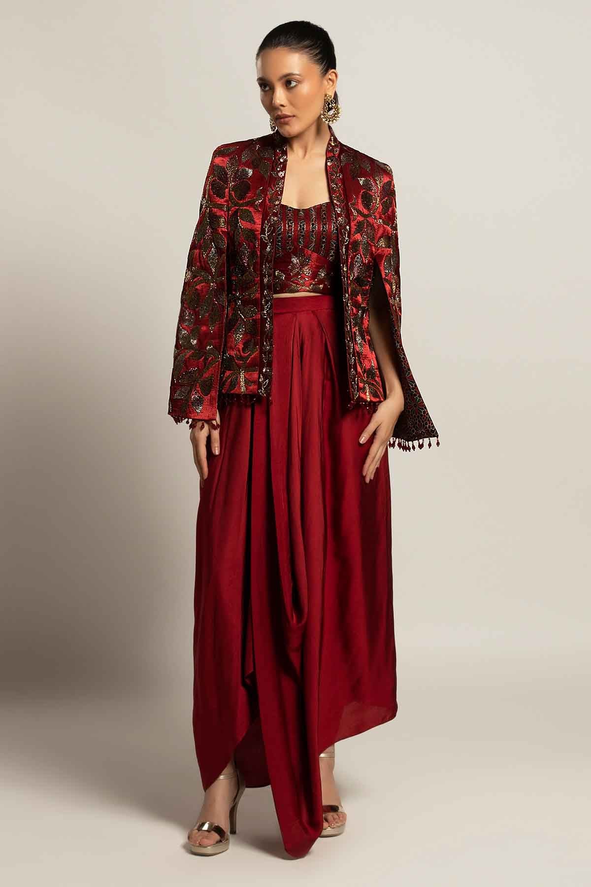 Maroon Embellished Cape Set