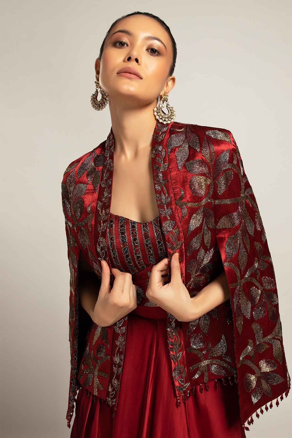 Maroon Embellished Cape Set
