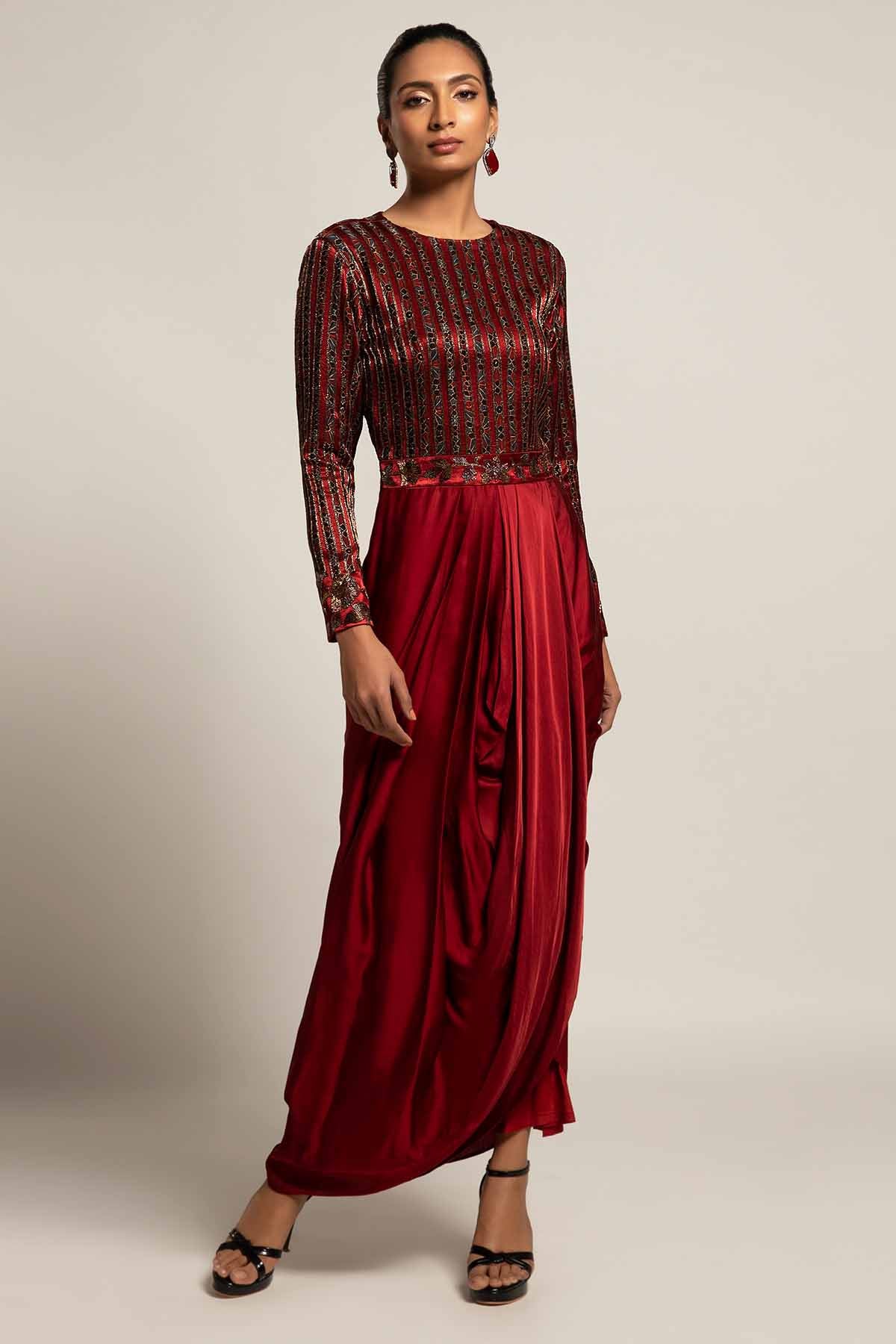 Buy Maroon Embellished Drape Dress by Sejal Kamdar for women online at ScrollnShops