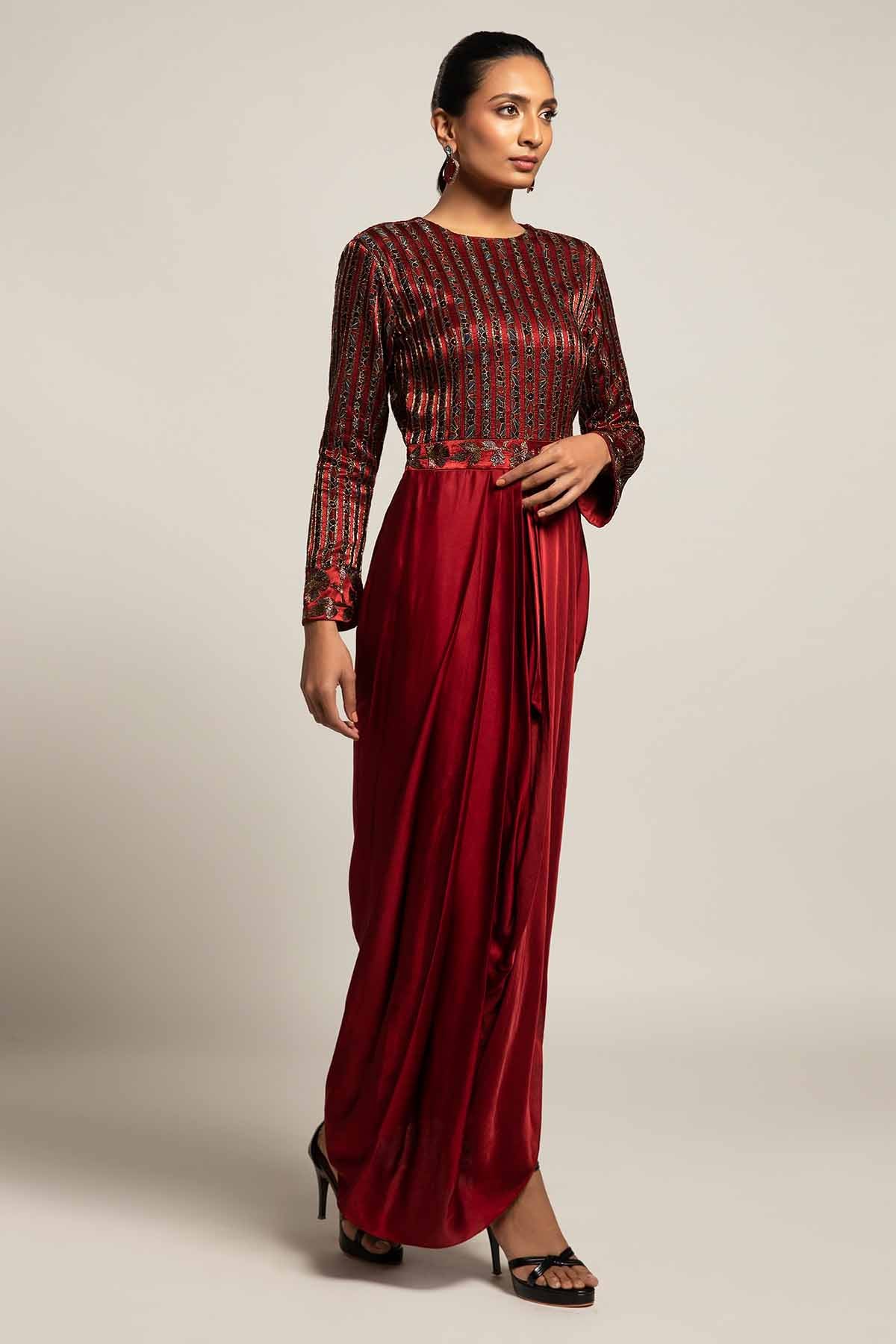 Maroon Embellished Drape Dress