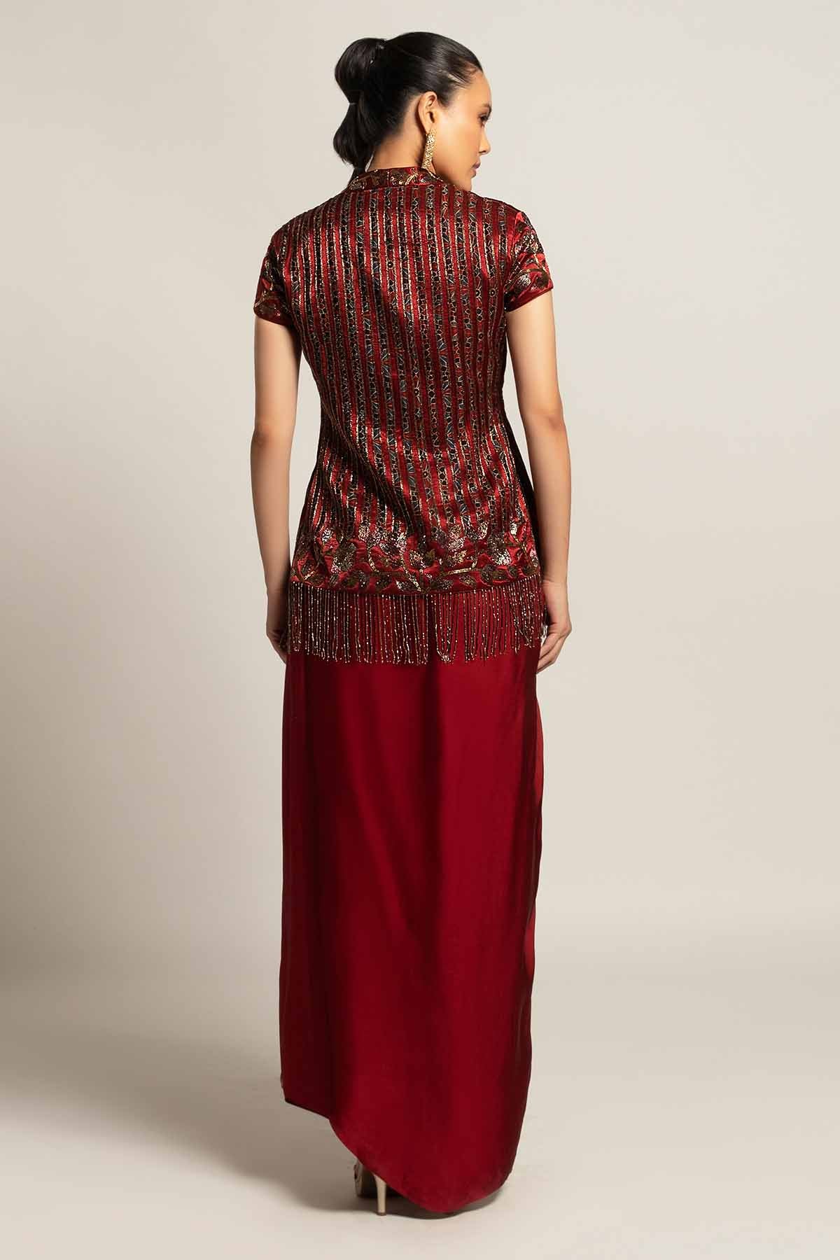 Maroon Embellished Drape Dress