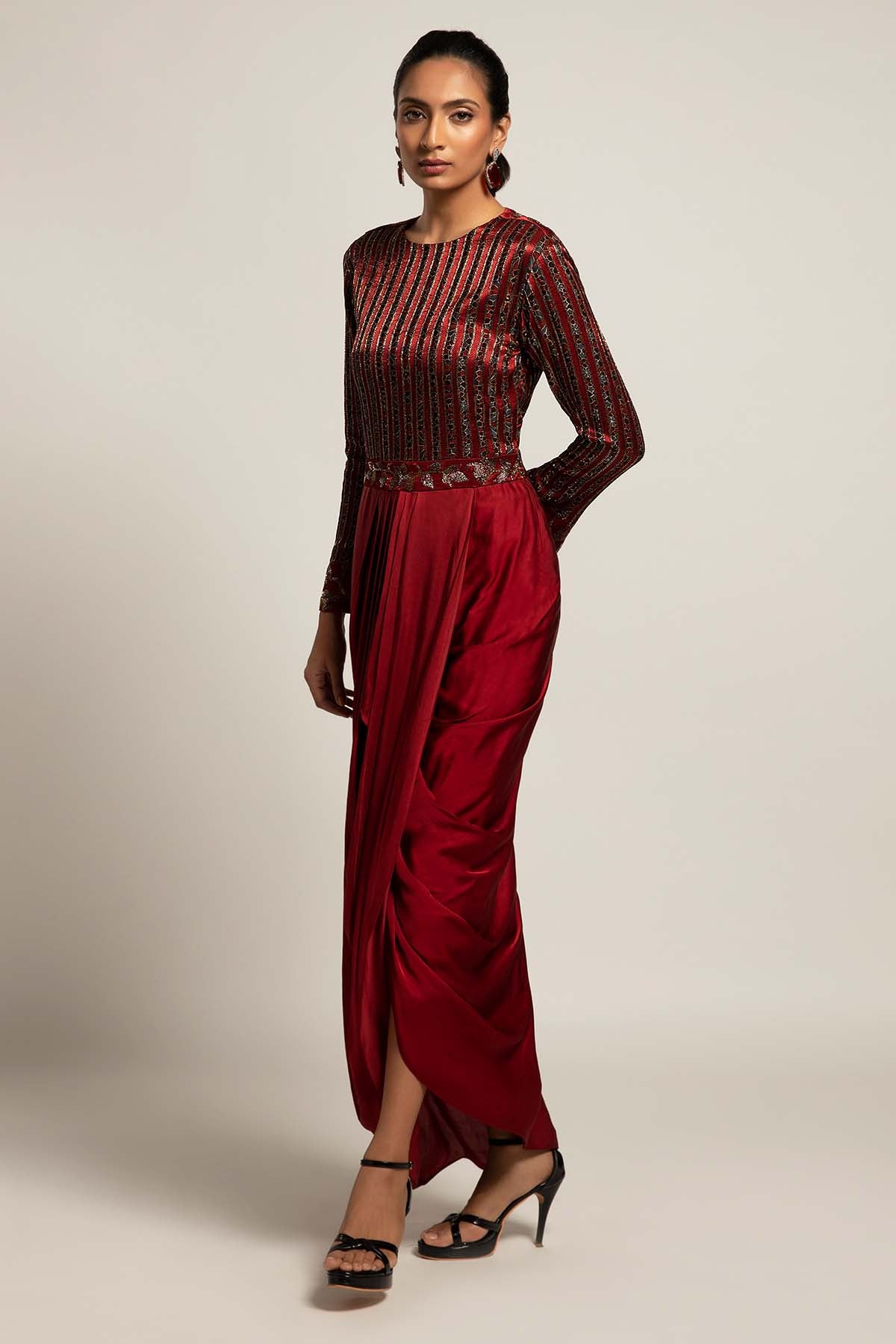 Maroon Embellished Drape Dress