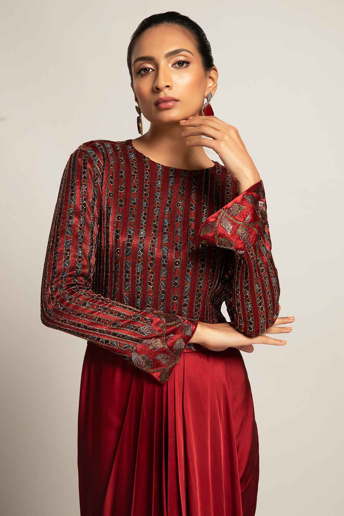 Maroon Embellished Drape Dress
