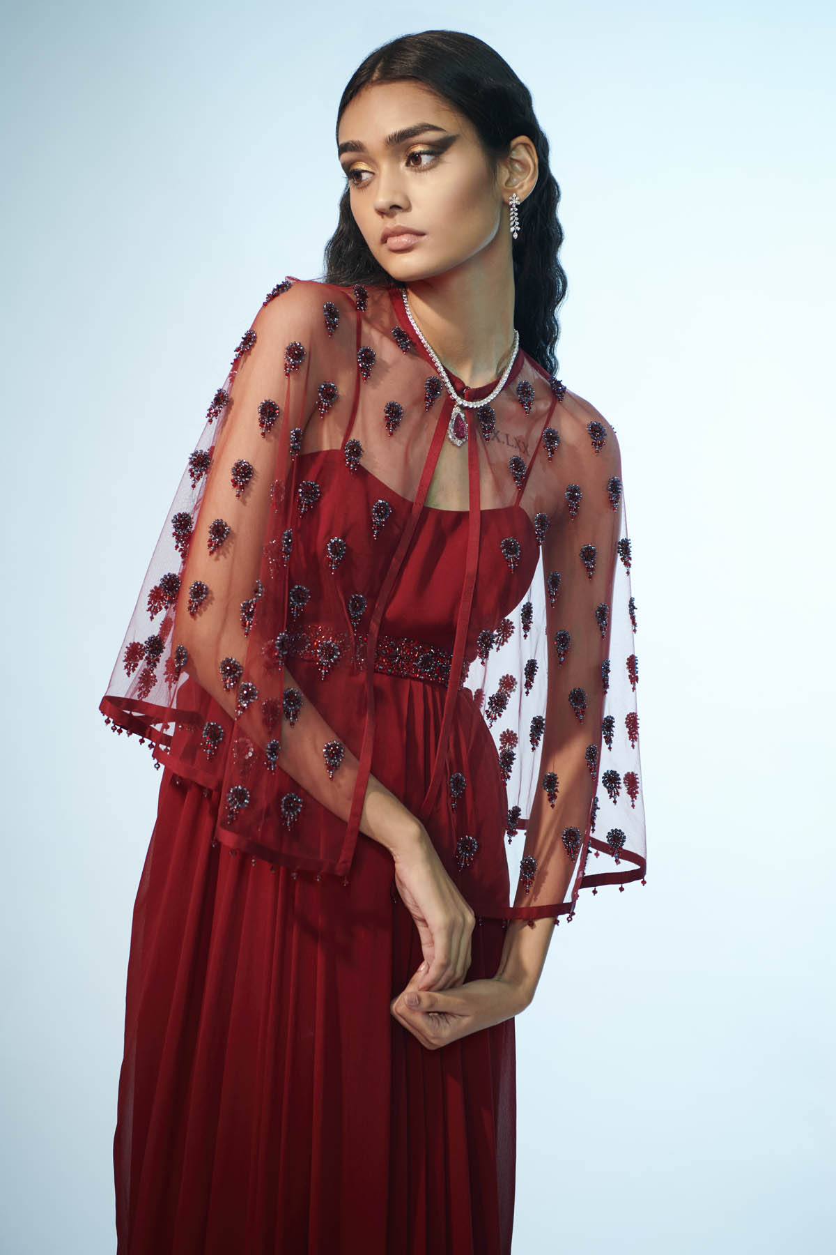 Maroon Embroidered Cape & Dress