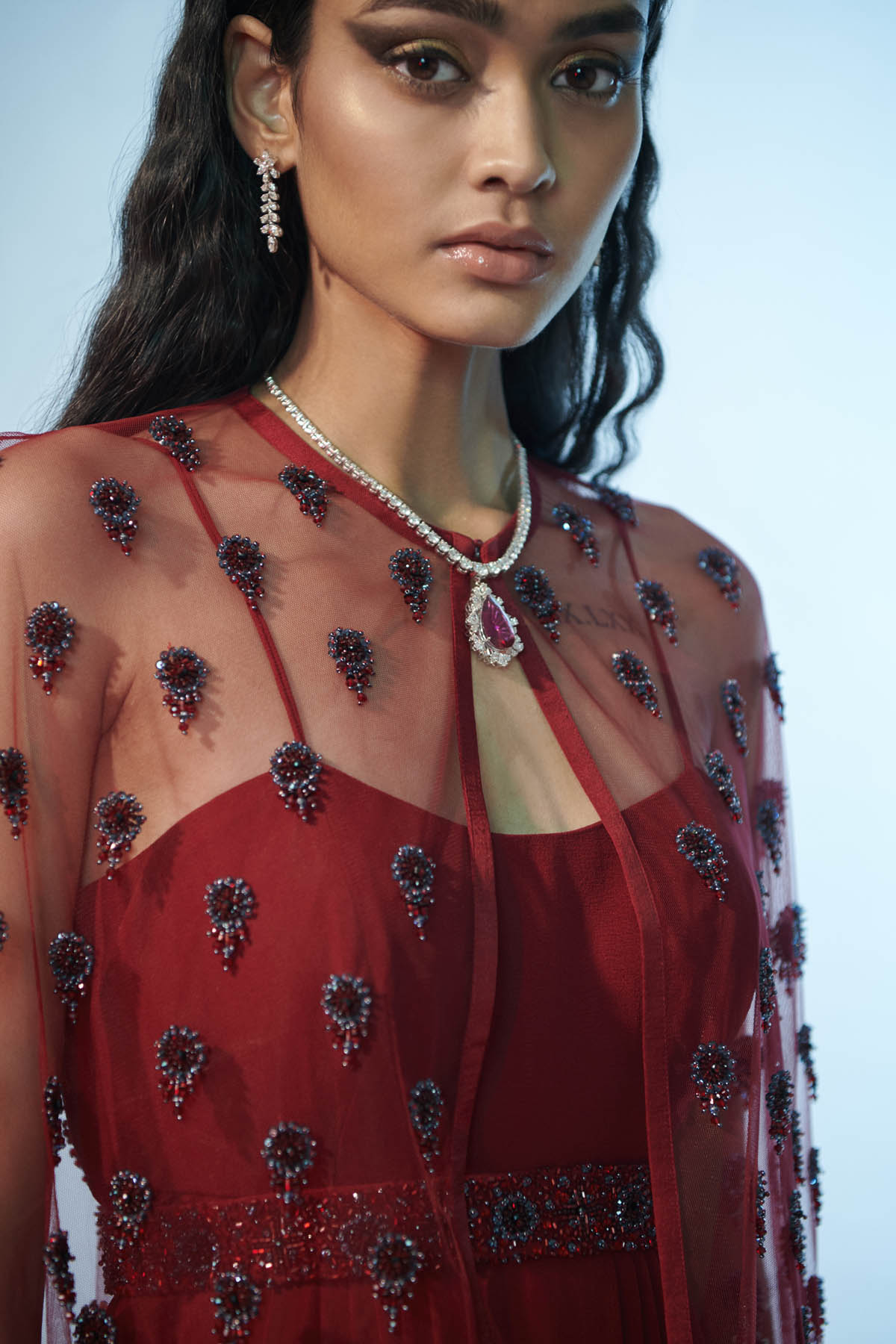 Maroon Embroidered Cape & Dress