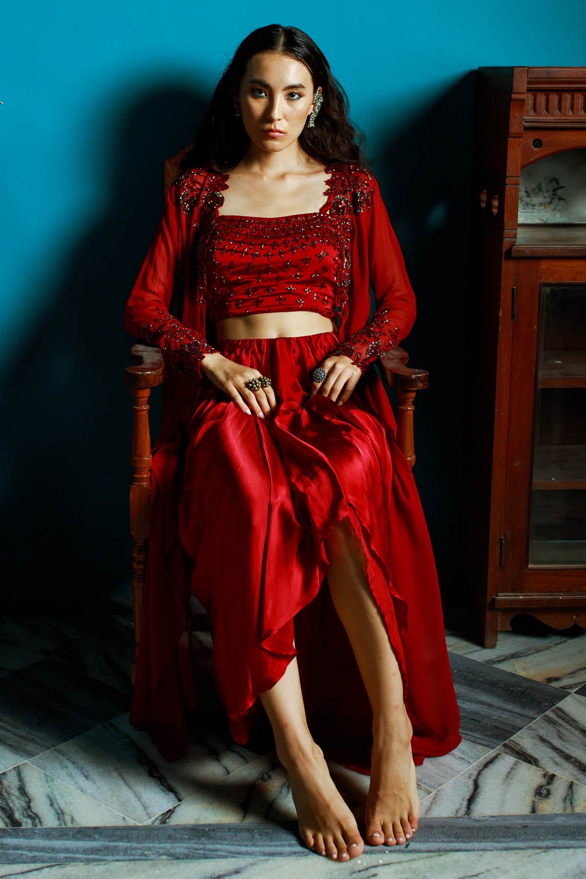 Maroon Embroidered Dhoti Set