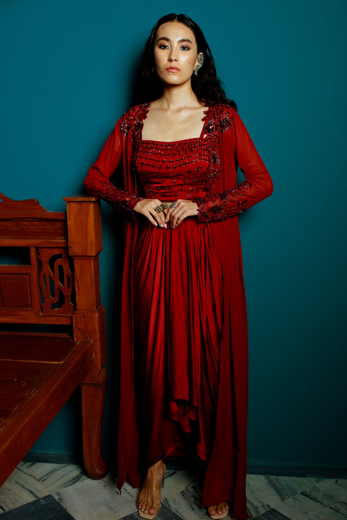 Maroon Embroidered Dhoti Set