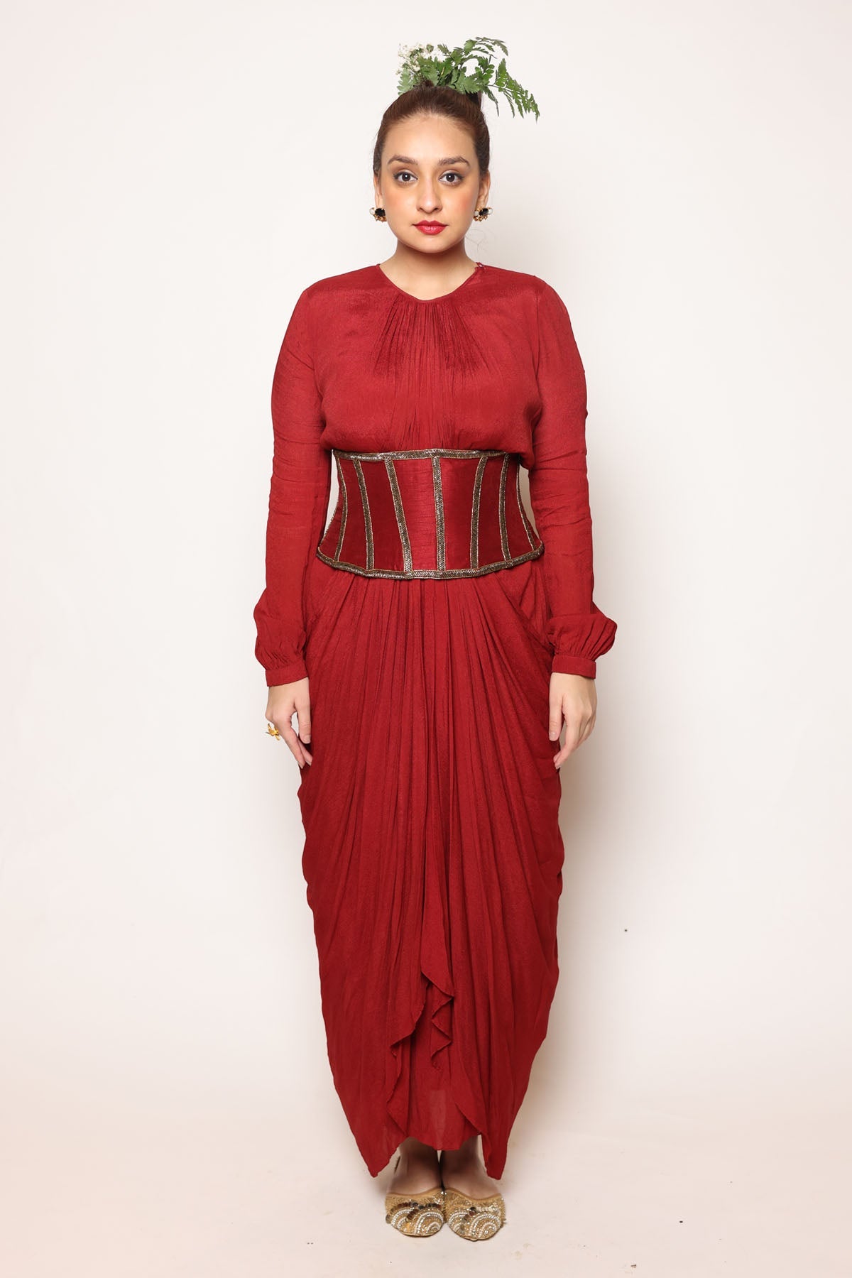 Maroon Embroidered Drape Dress at ScrollnShops