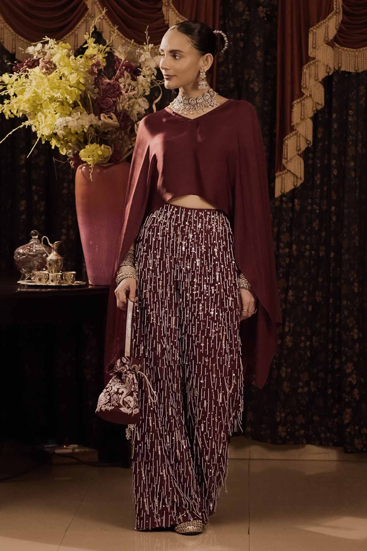 Buy Maroon Embroidered Kaftan Set by Saksham Neharicka for women online at ScrollnShops