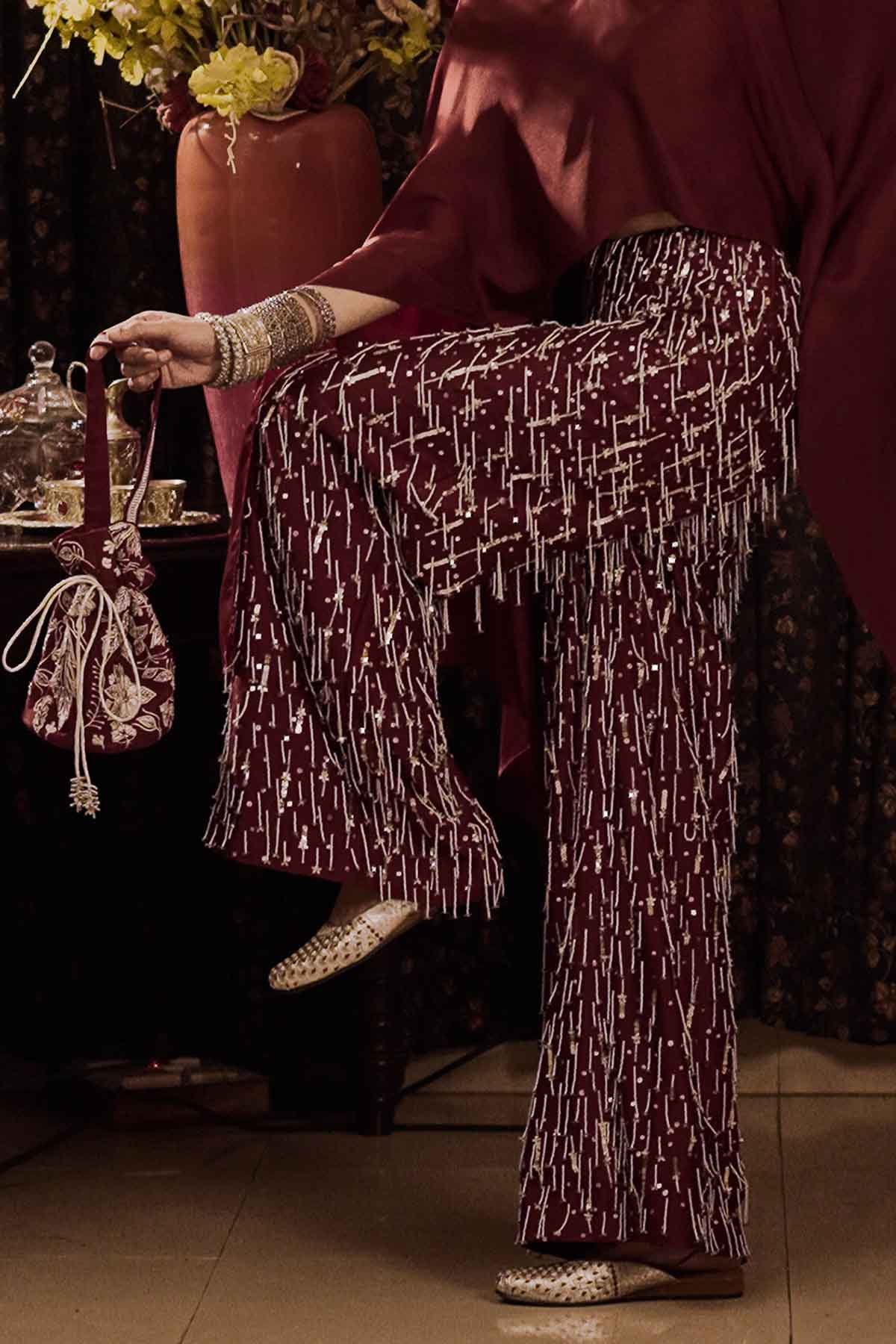 Maroon Embroidered Kaftan Set