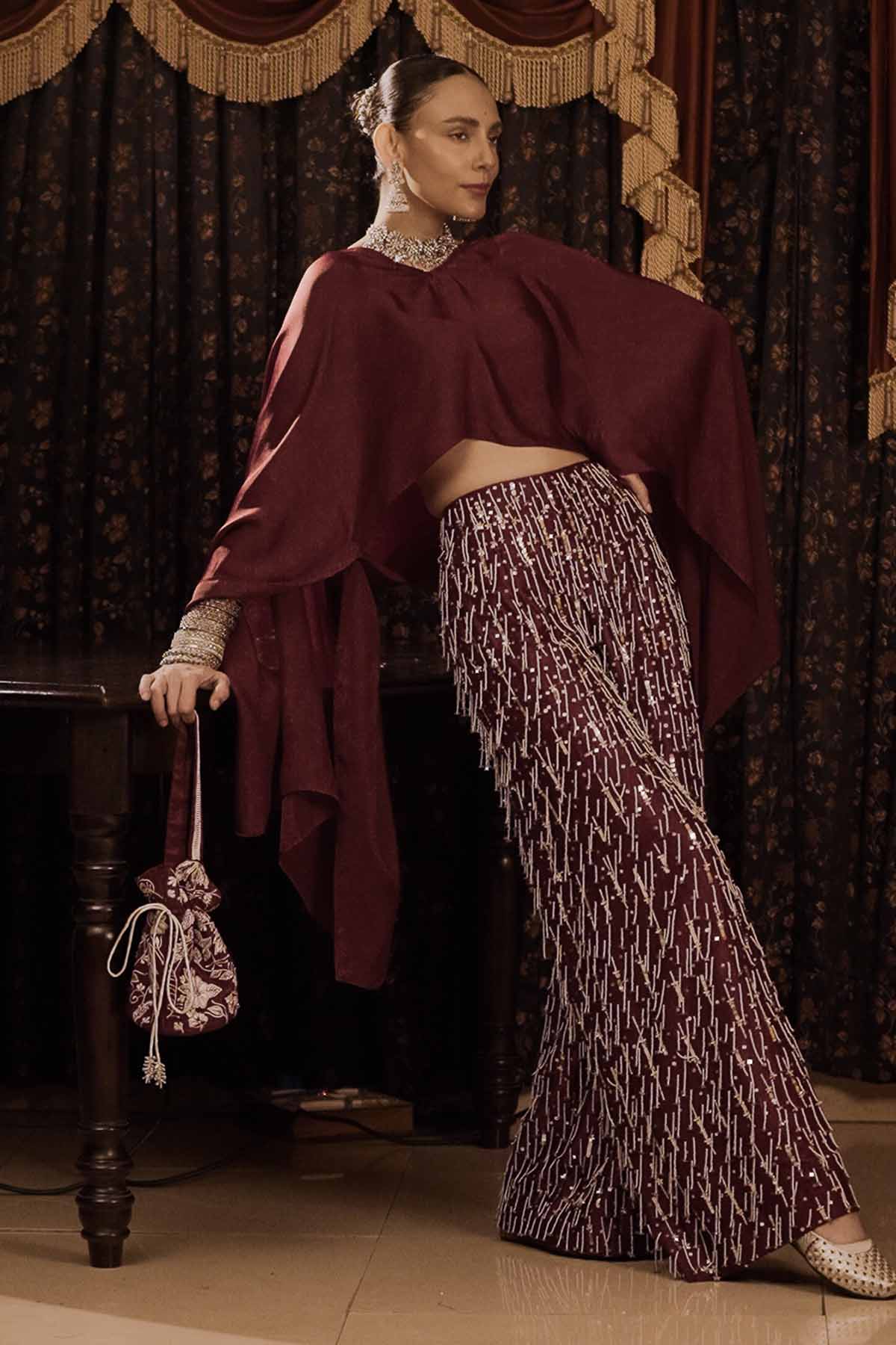 Maroon Embroidered Kaftan Set
