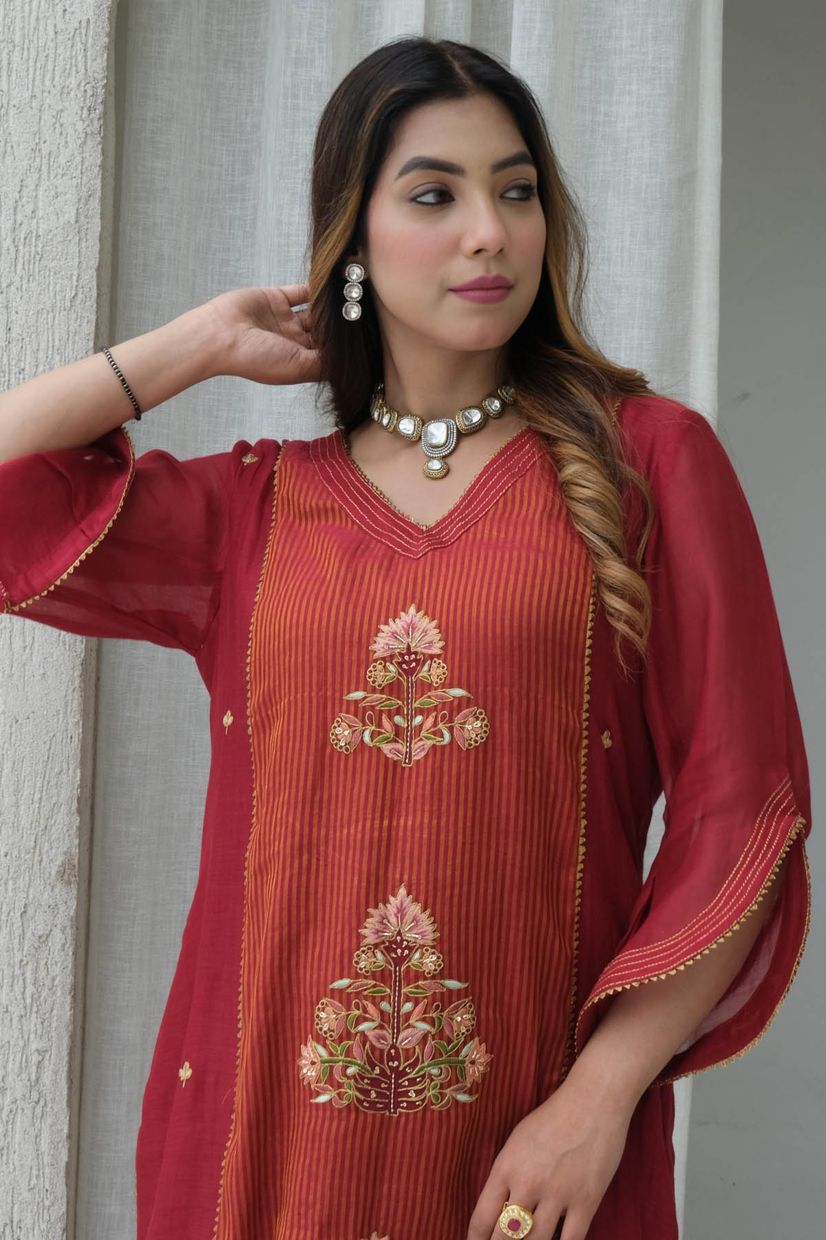 Maroon Embroidered Kurta & Pants