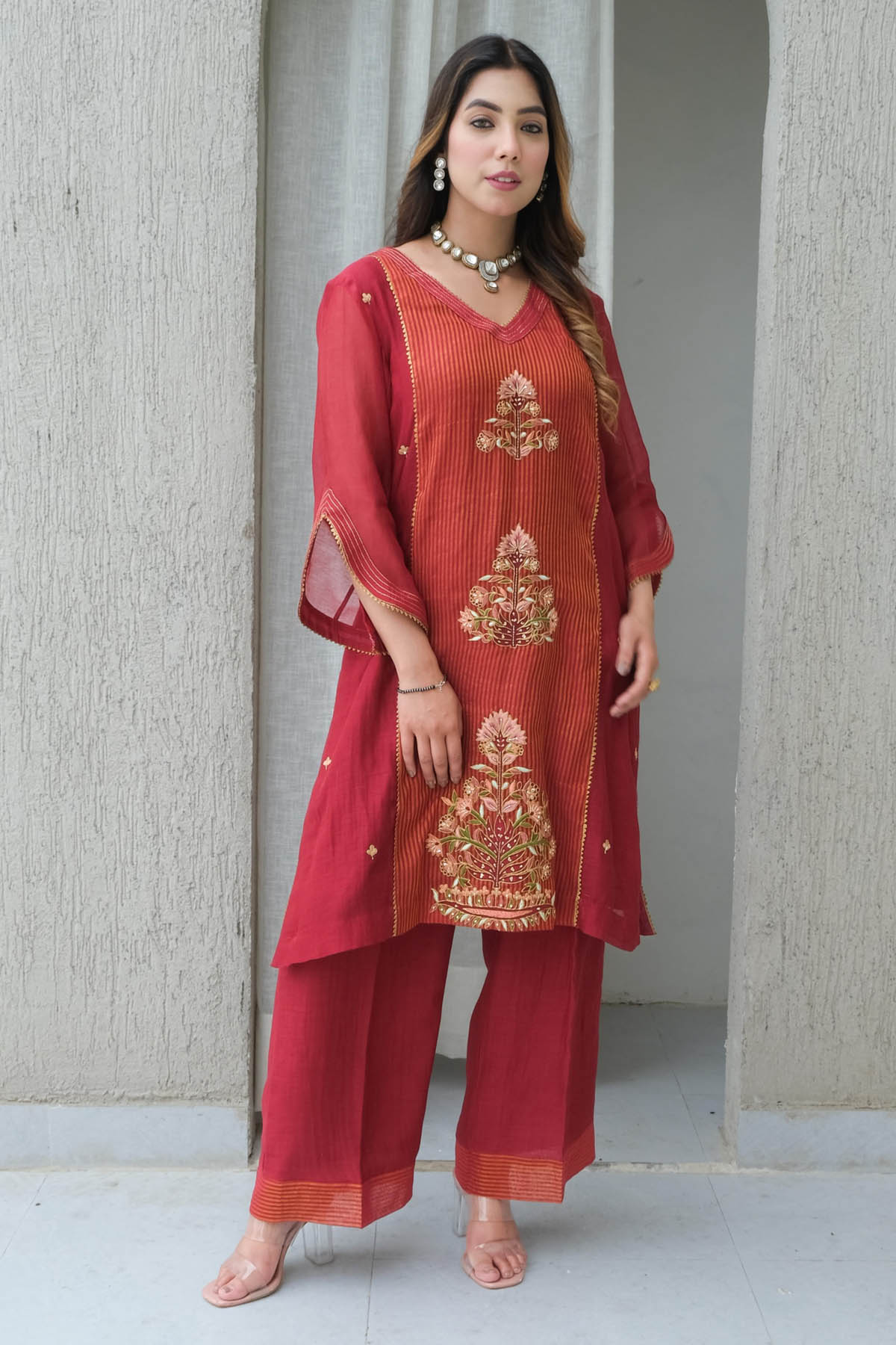 Label Pavneet Maroon Embroidered Kurta & Pants for women online at ScrollnShops