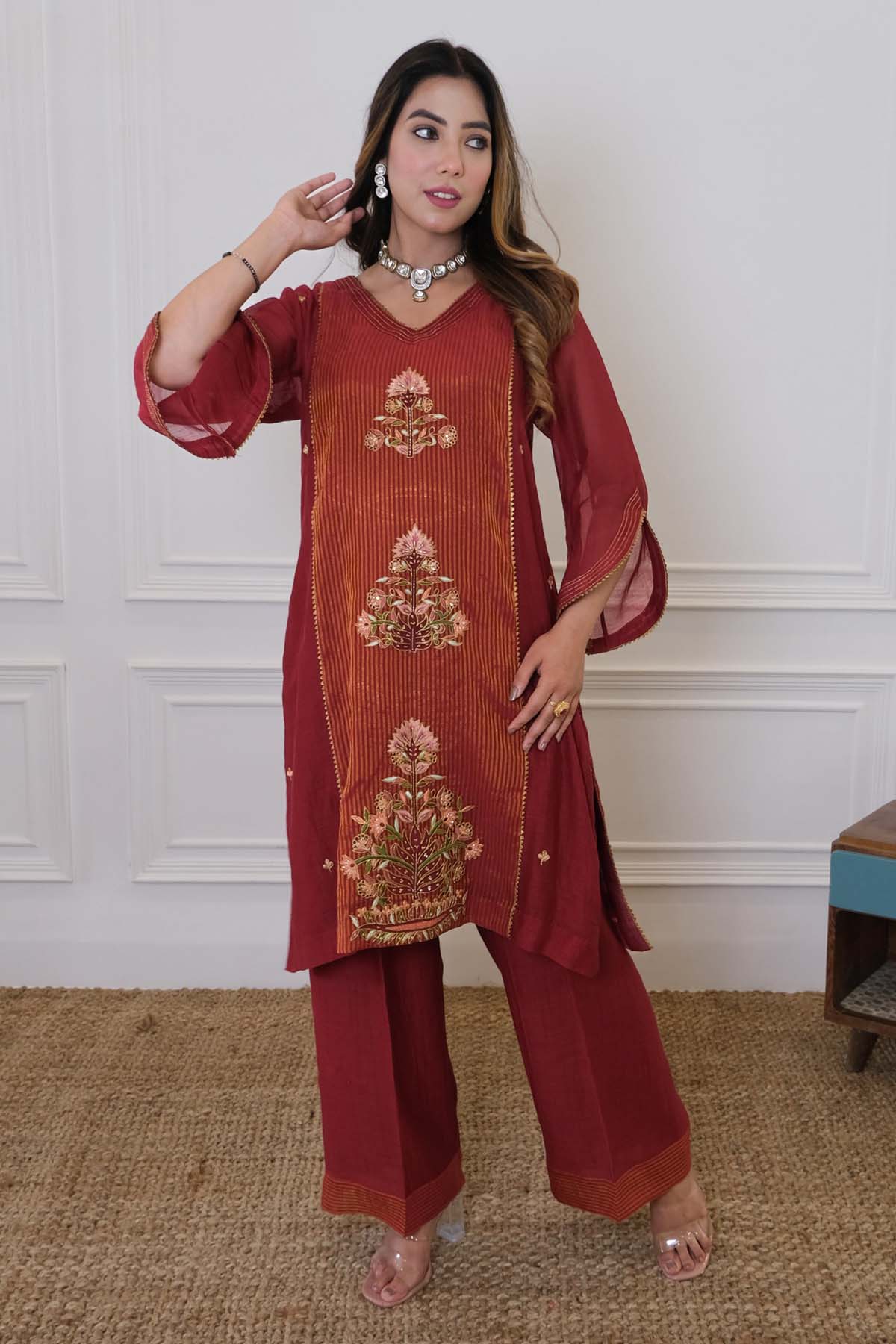 Maroon Embroidered Kurta & Pants