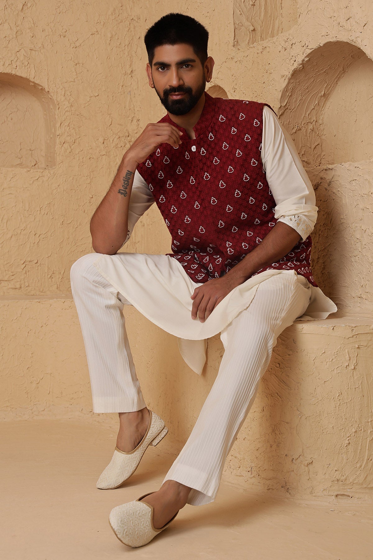 Buy Maroon Embroidered Kurta Set for Men by Designer Harshita Dhanawat available online at ScrollnShops