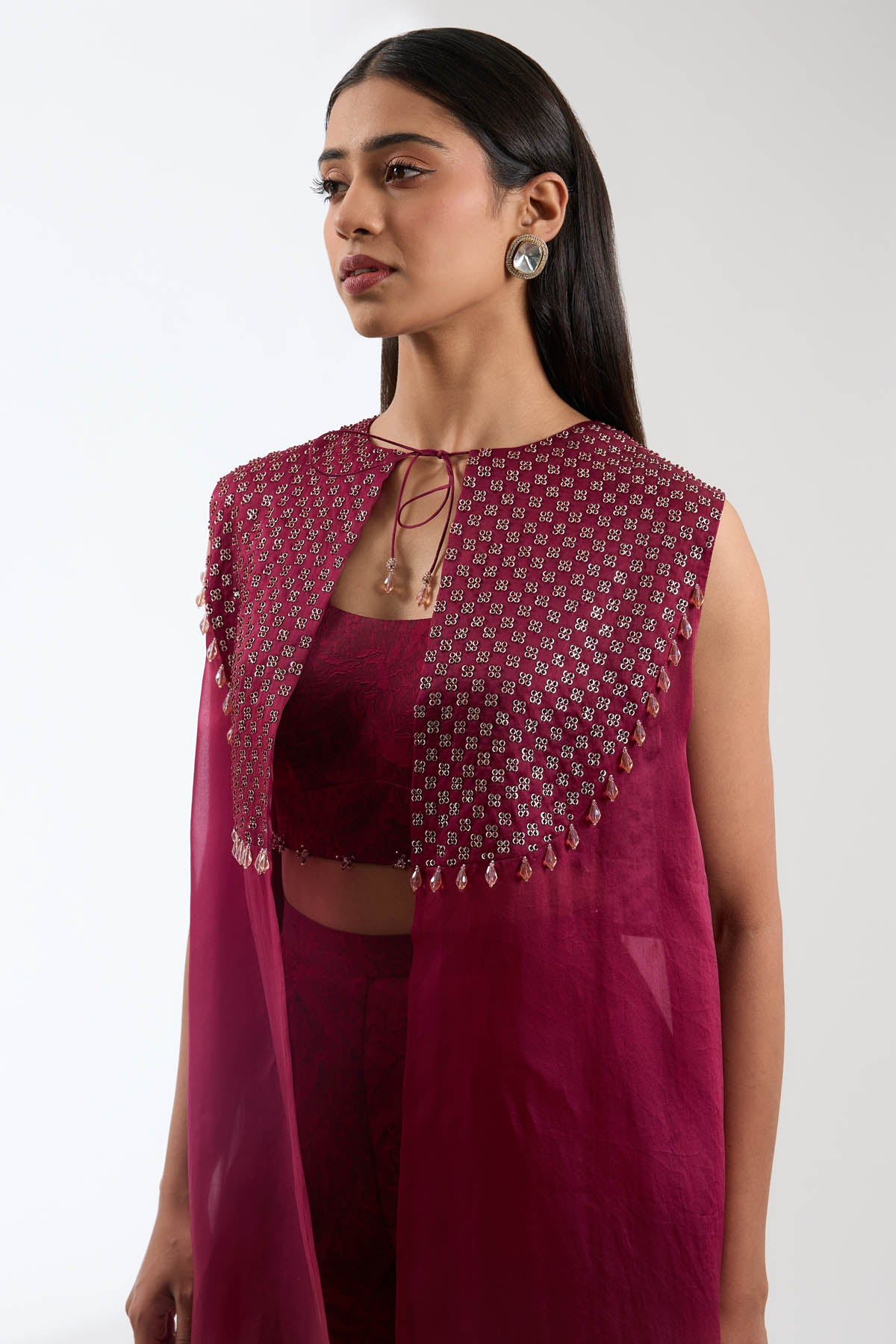 Maroon Embroidered Long Cape Set