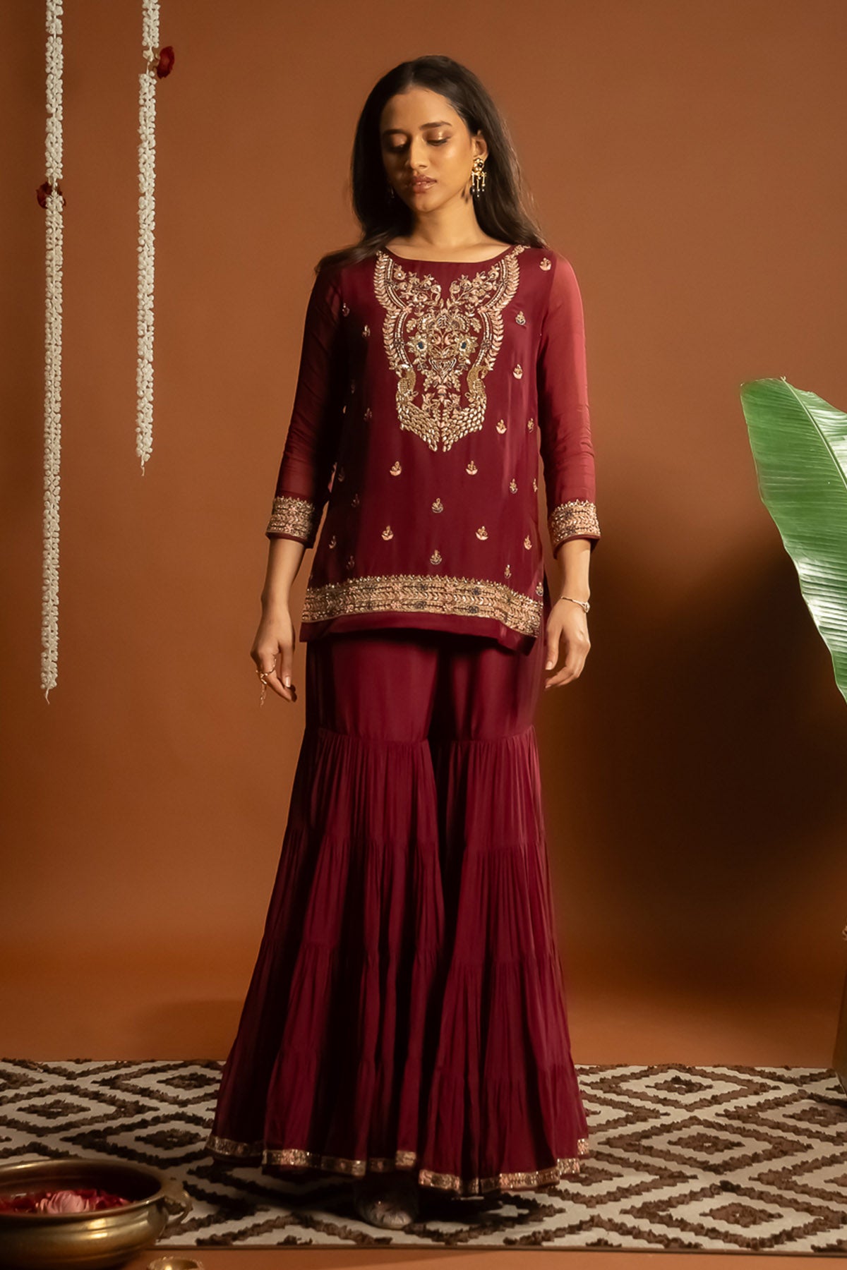 Maroon Embroidered Sharara Set