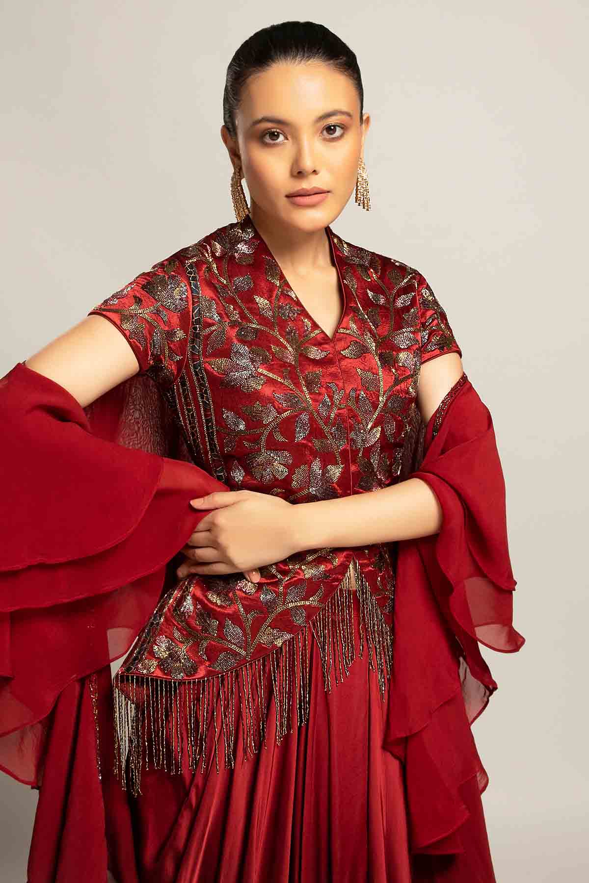 Maroon Embroidered Skirt Set