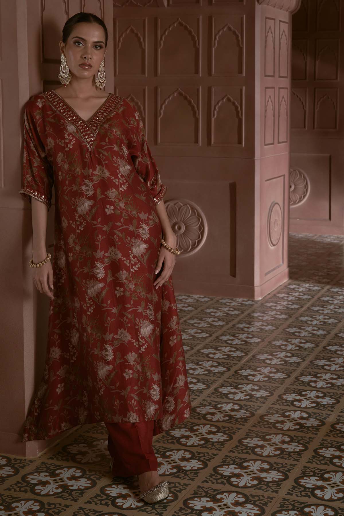 Maroon Floral Print Kurta Set