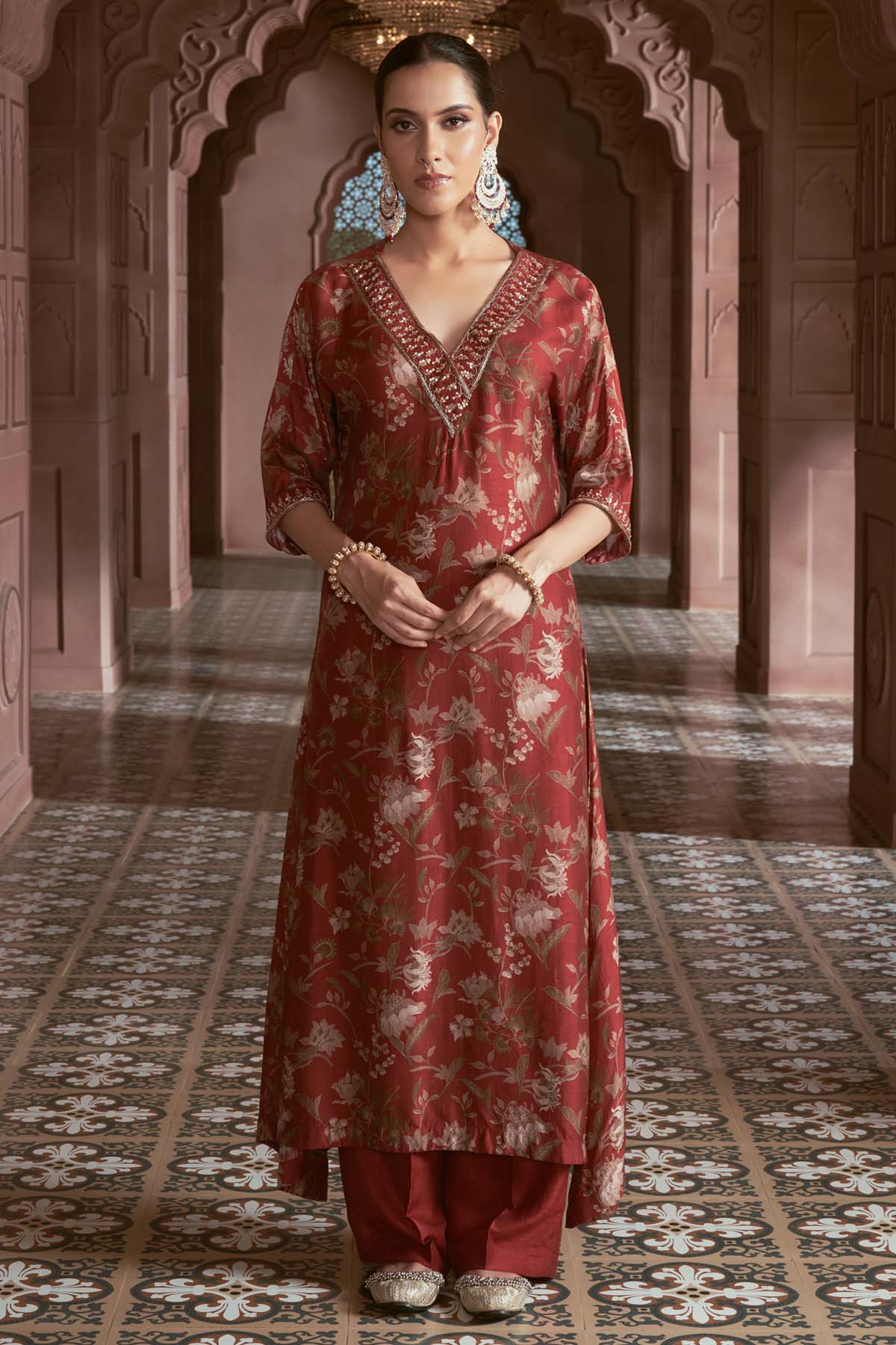 Megha Pitti Maroon Floral Print Kurta Set for women online at ScrollnShops