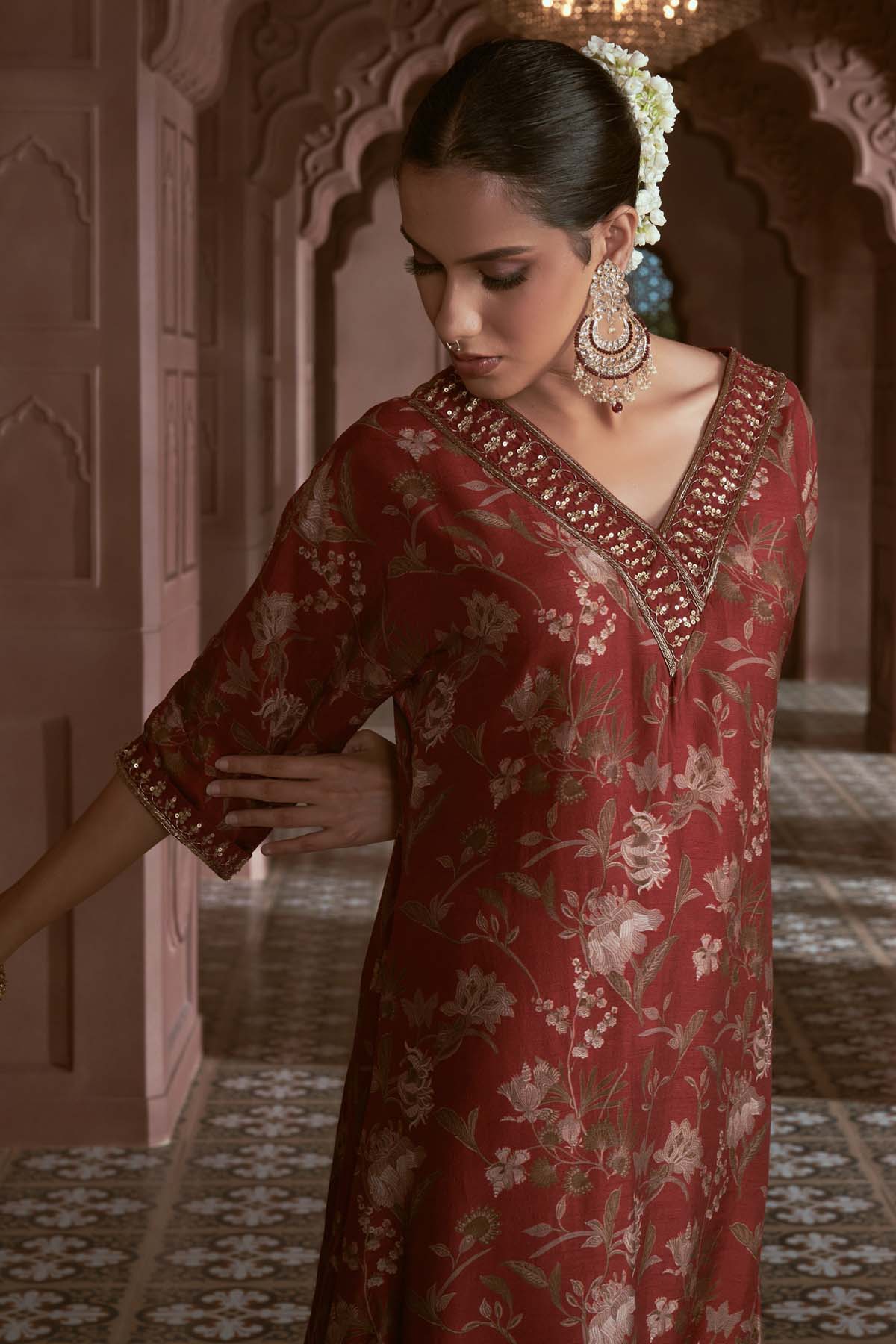 Maroon Floral Print Kurta Set