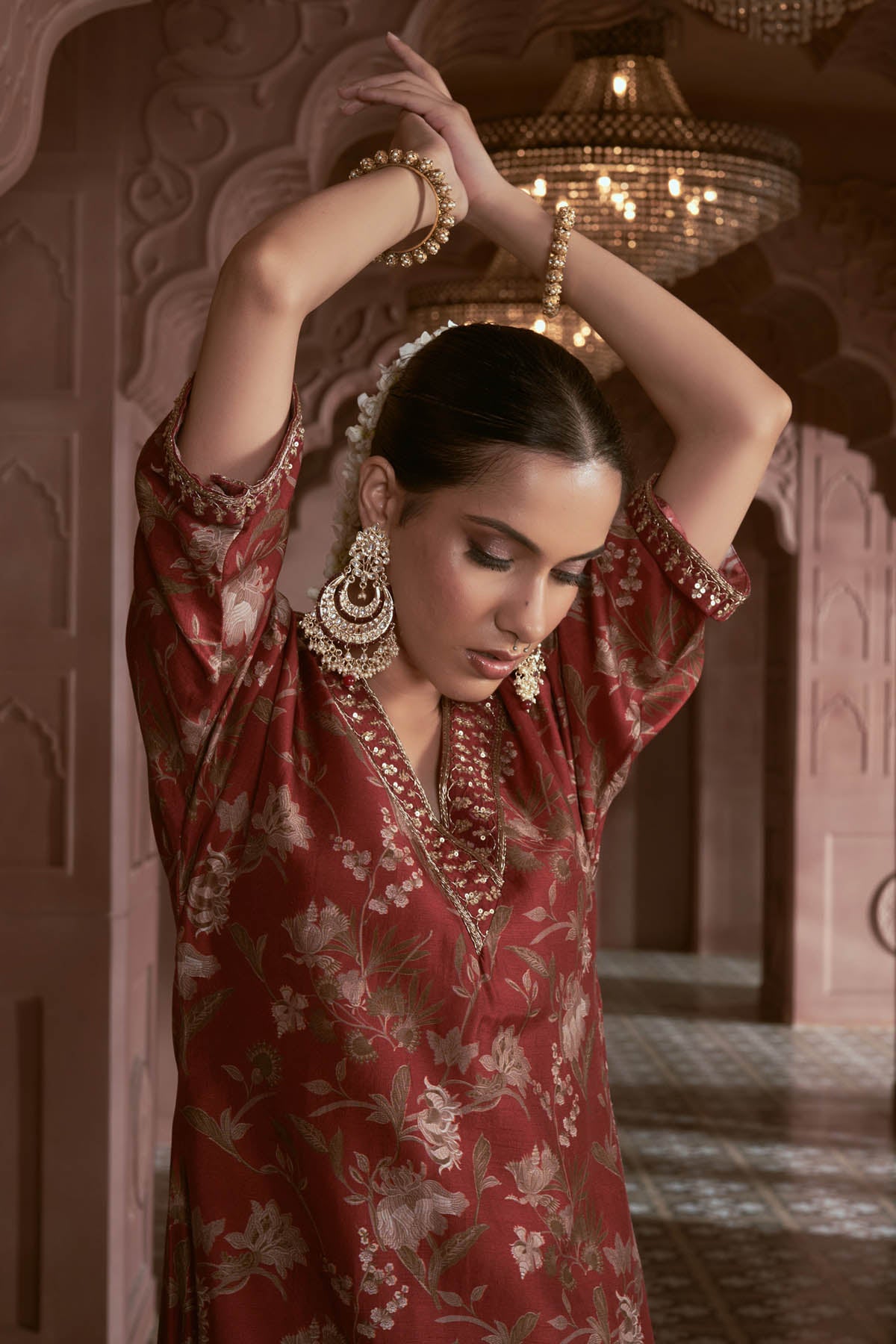 Maroon Floral Print Kurta Set