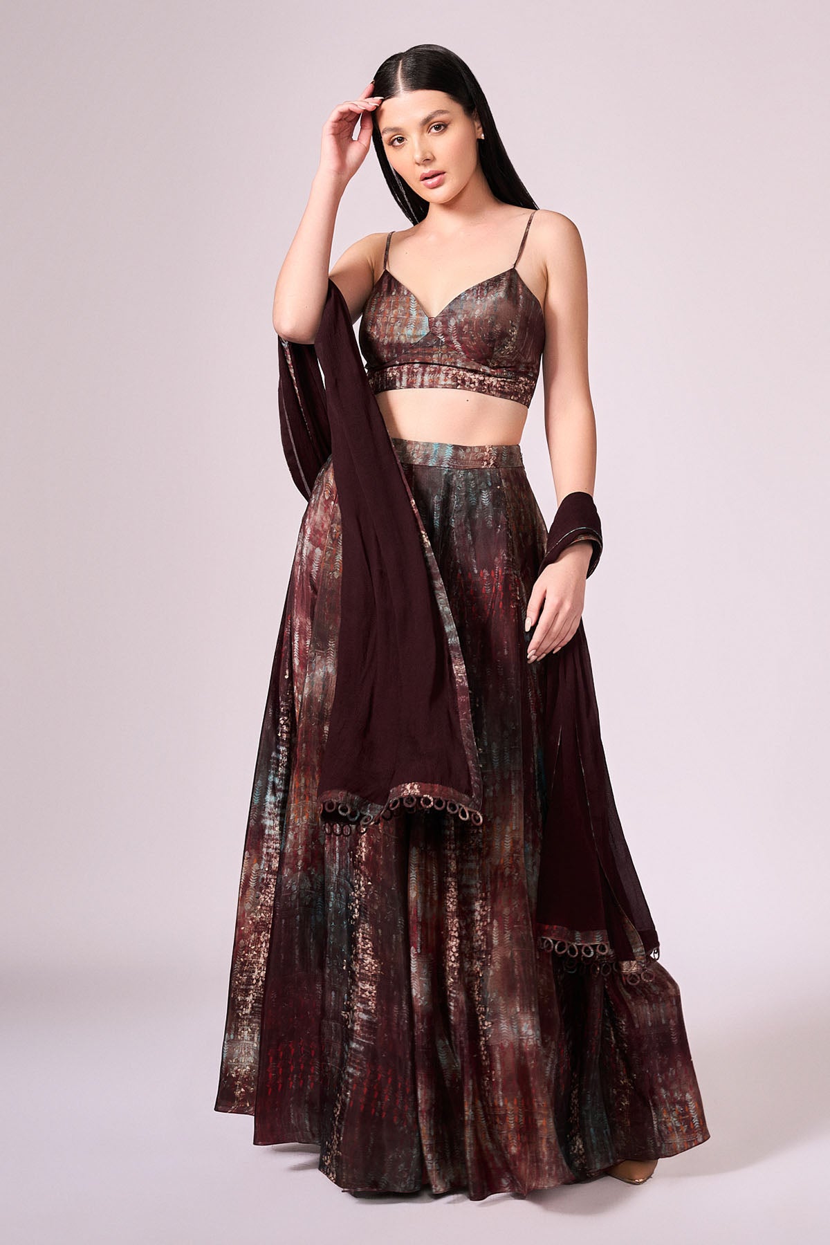 Maroon Floral Print Lehenga Set