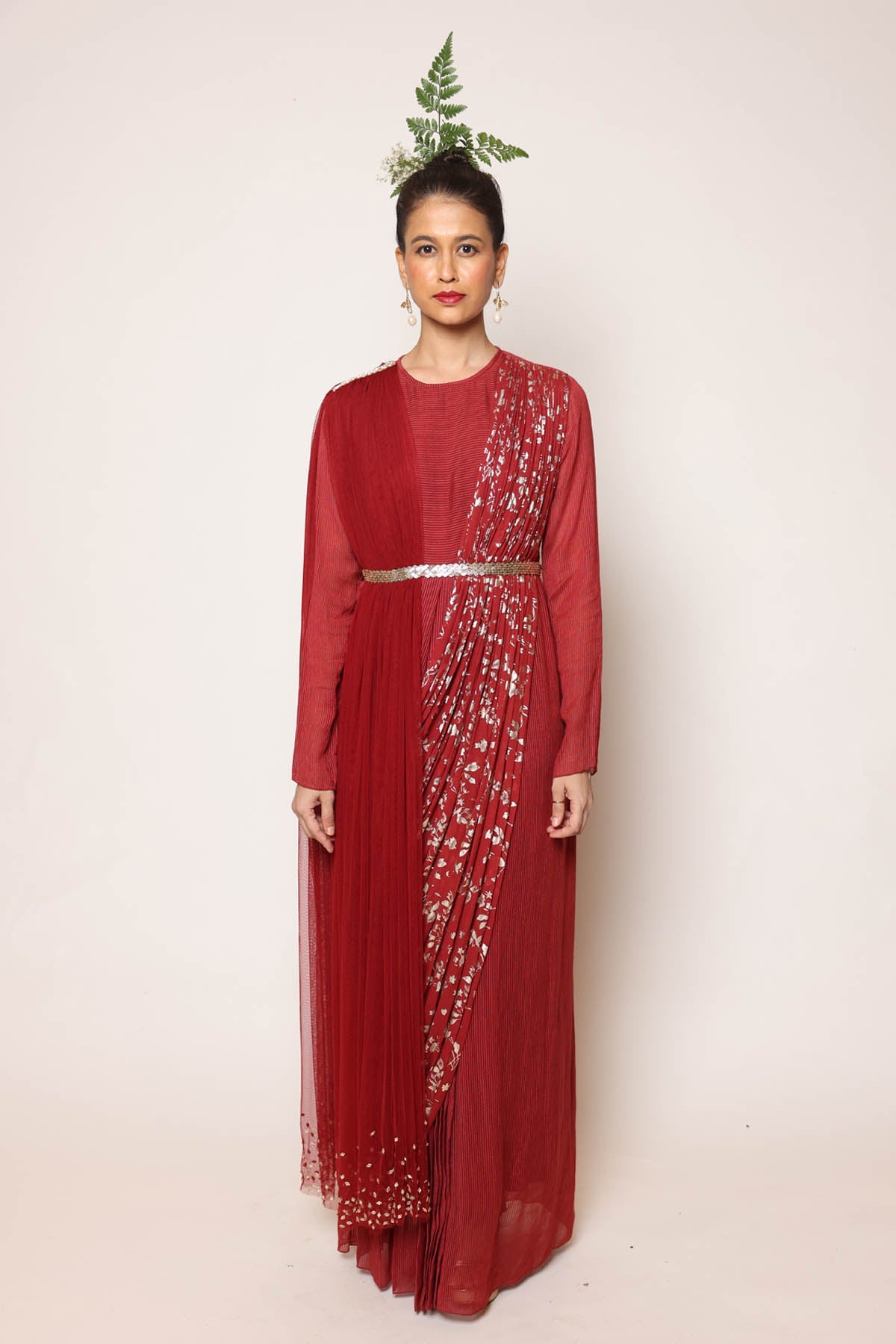 Maroon Foil Print Pre Drape Saree at ScrollnShops