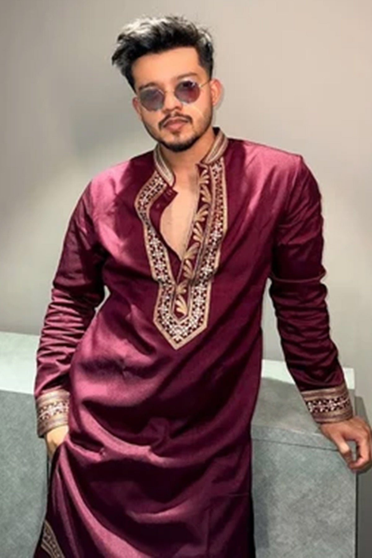 Buy Maroon Gaji Embroidered Kurta for men by Aastha Fashion online available at scrollnshops