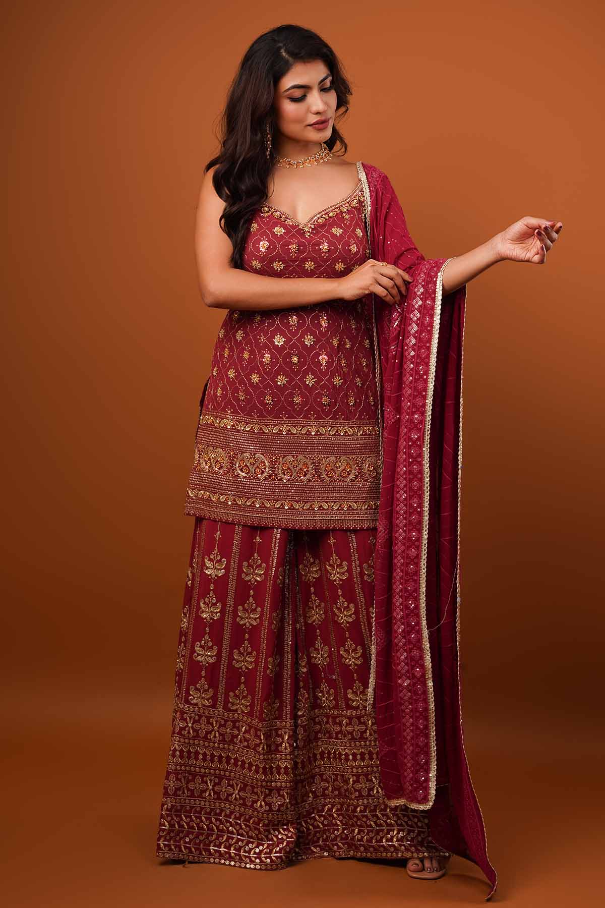 Ajay & Priyanka Maroon Georgette Sharara Set for women online at ScrollnShops