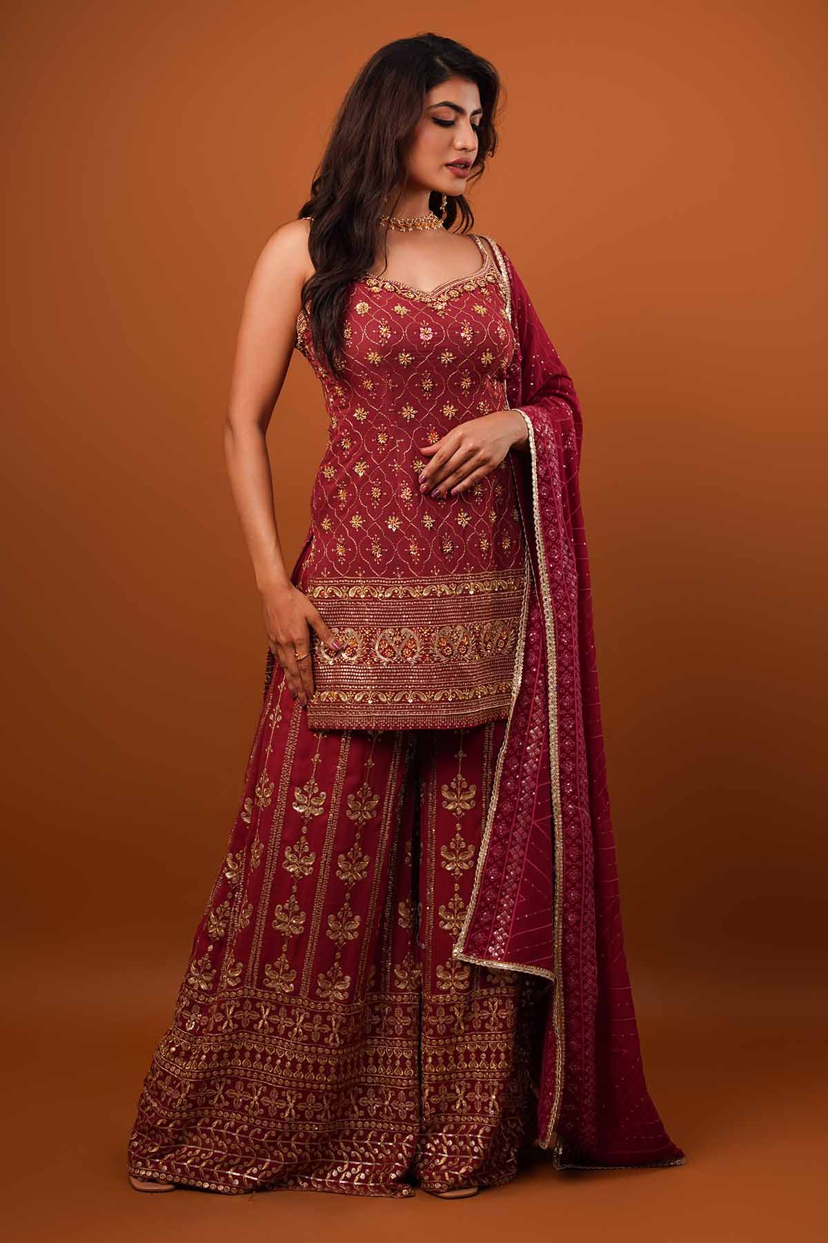 Maroon Georgette Sharara Set