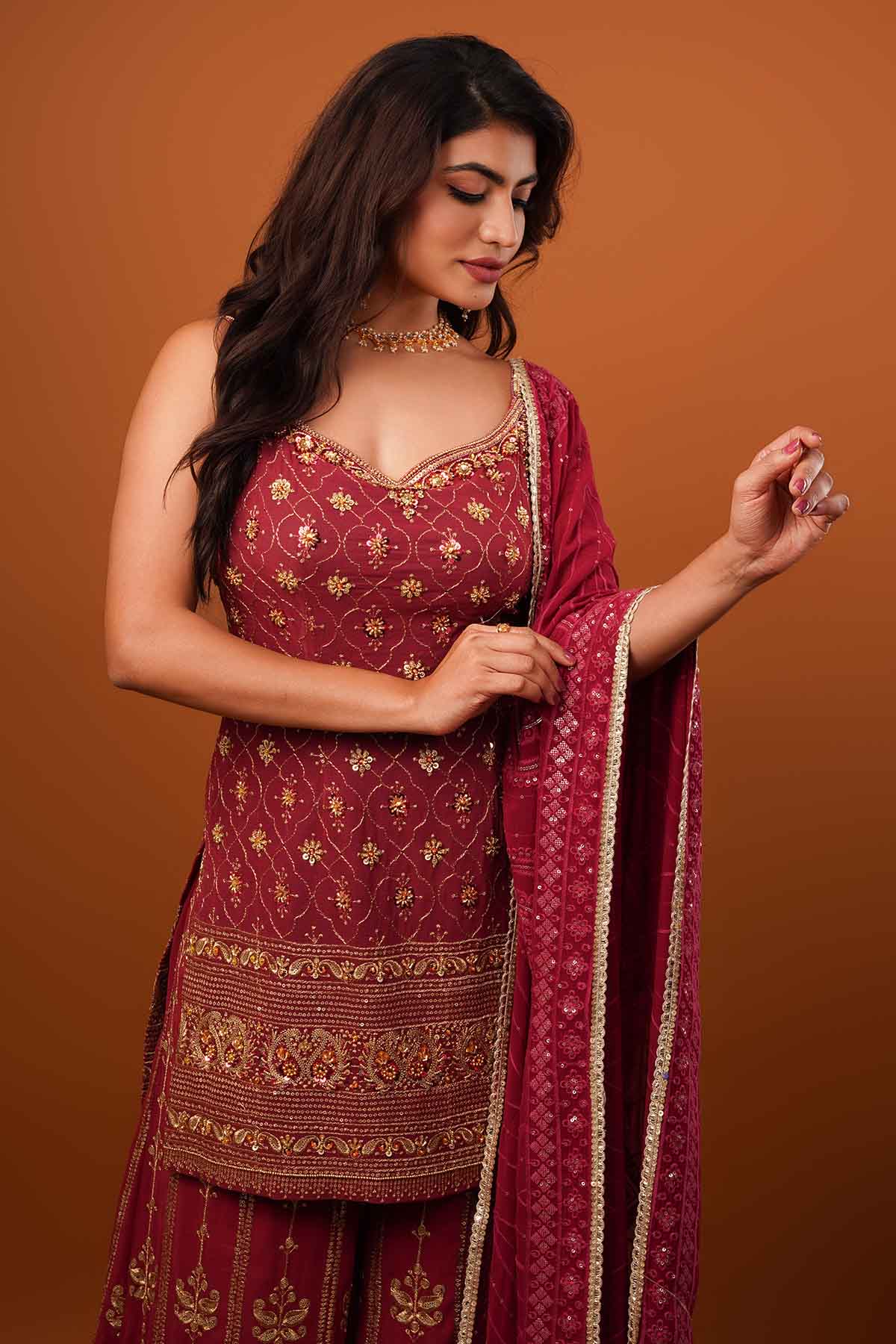 Maroon Georgette Sharara Set