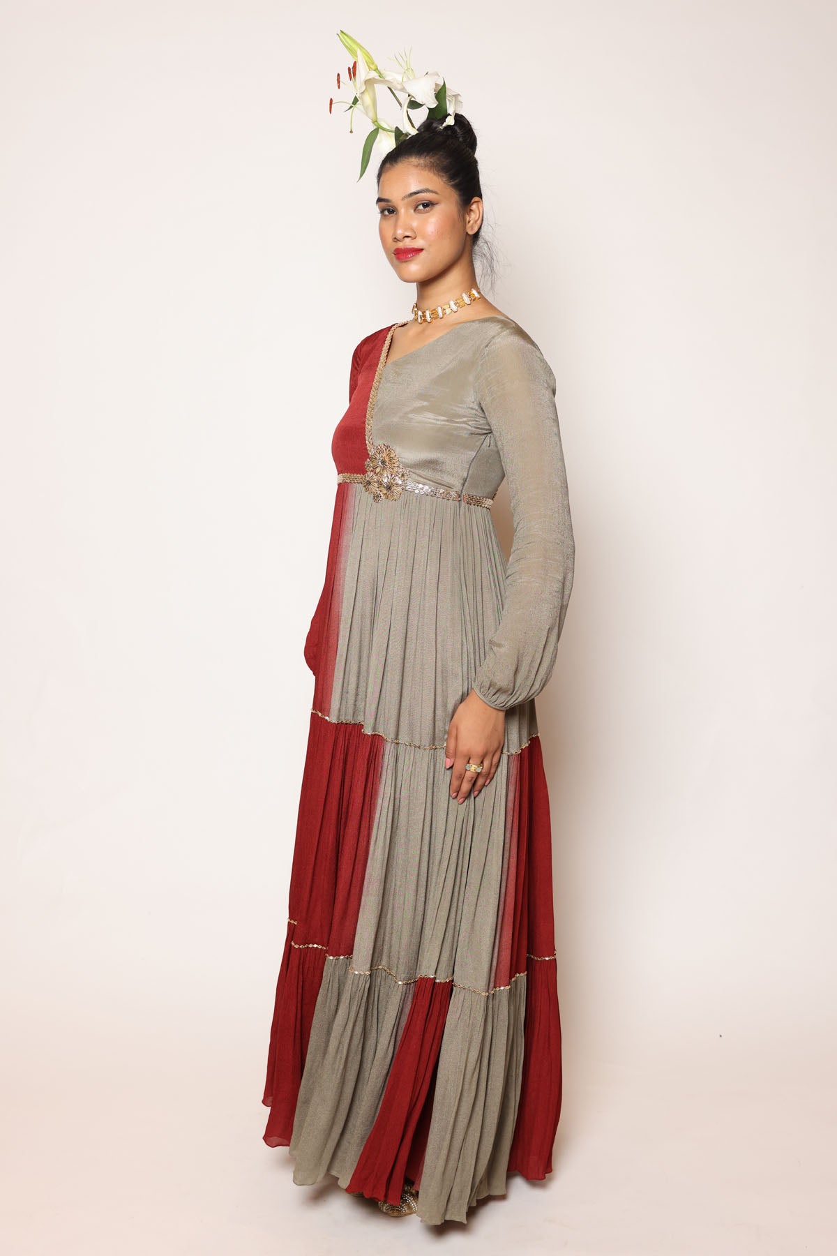 Maroon & Grey Tiered Dress