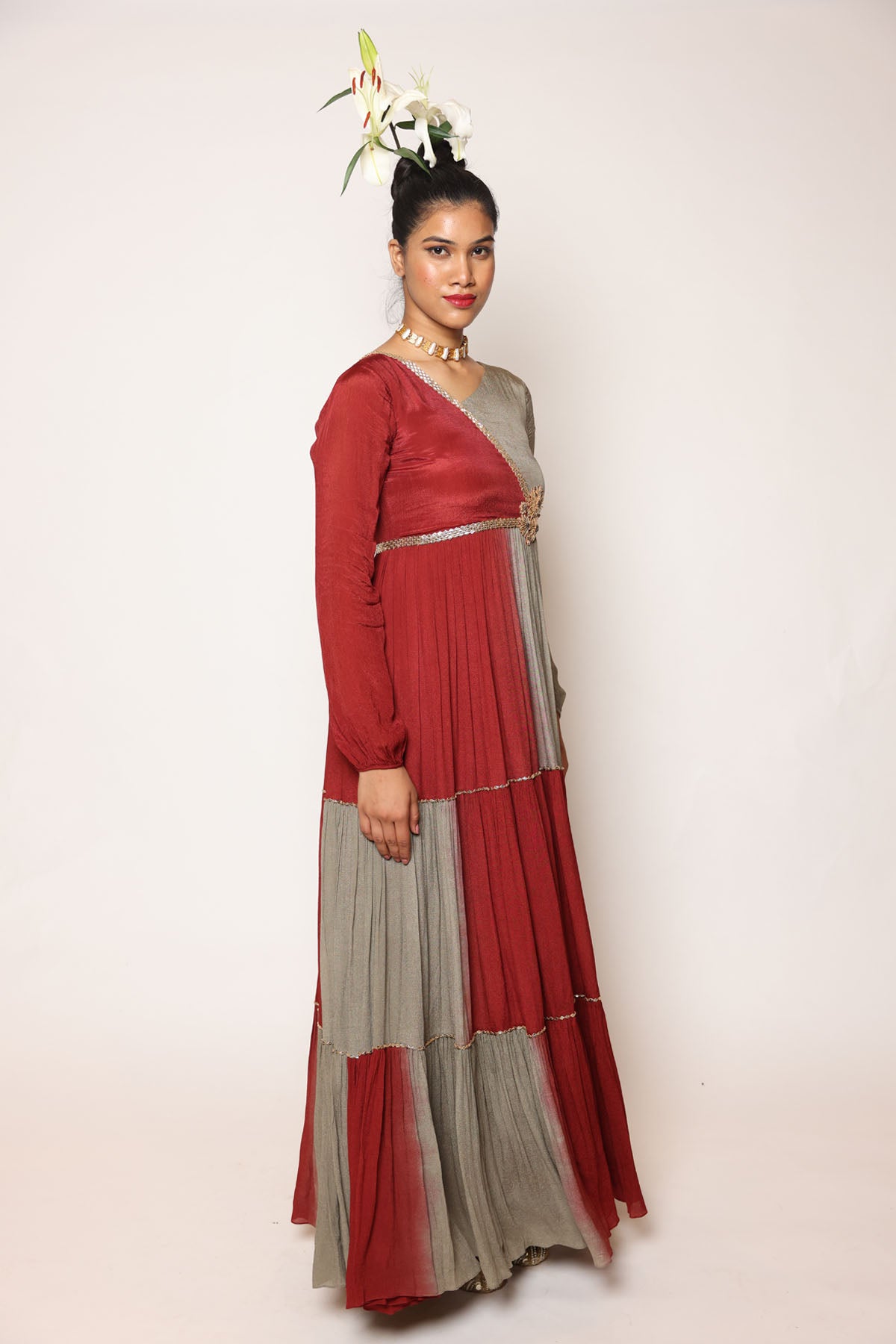 Maroon & Grey Tiered Dress