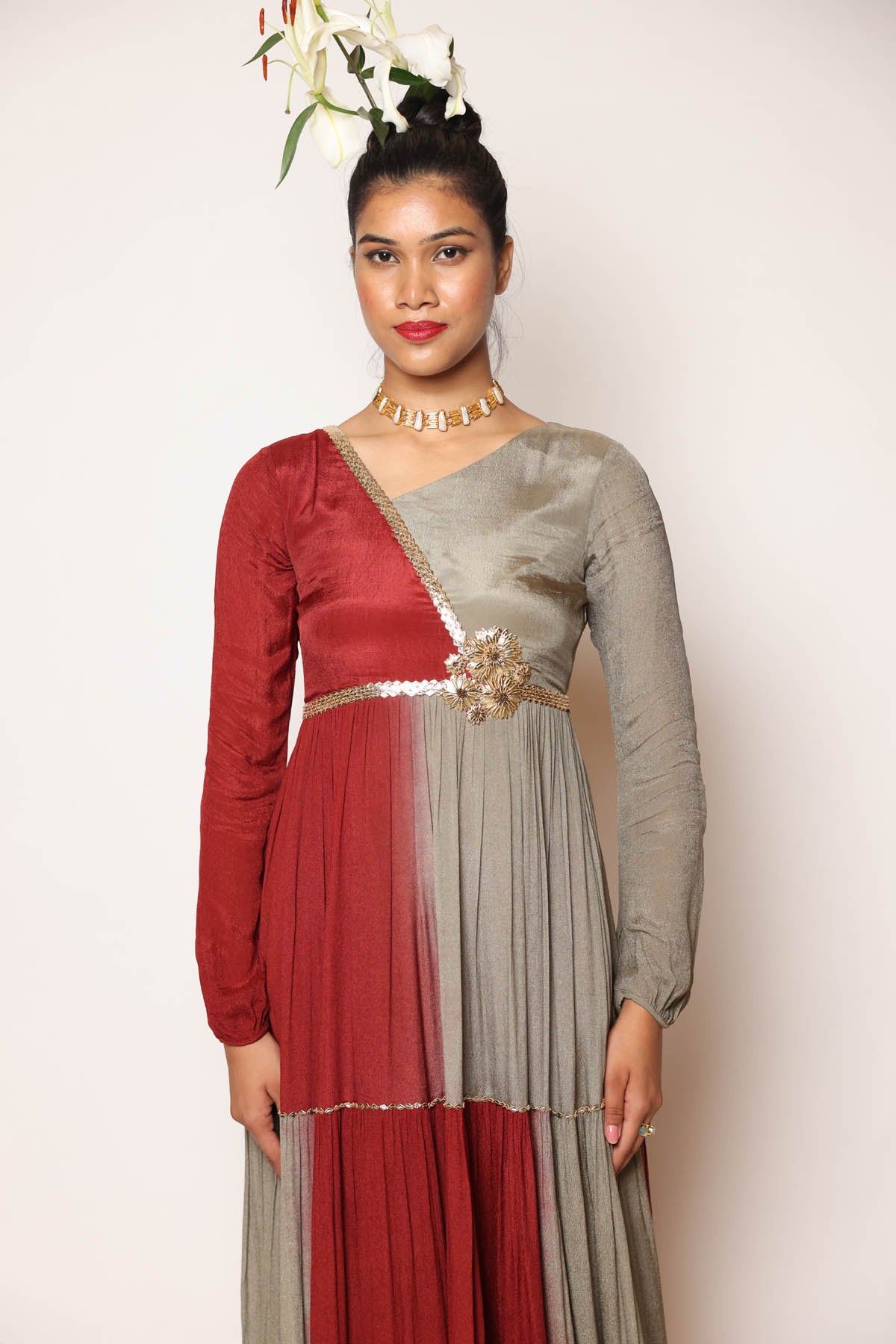 Maroon & Grey Tiered Dress