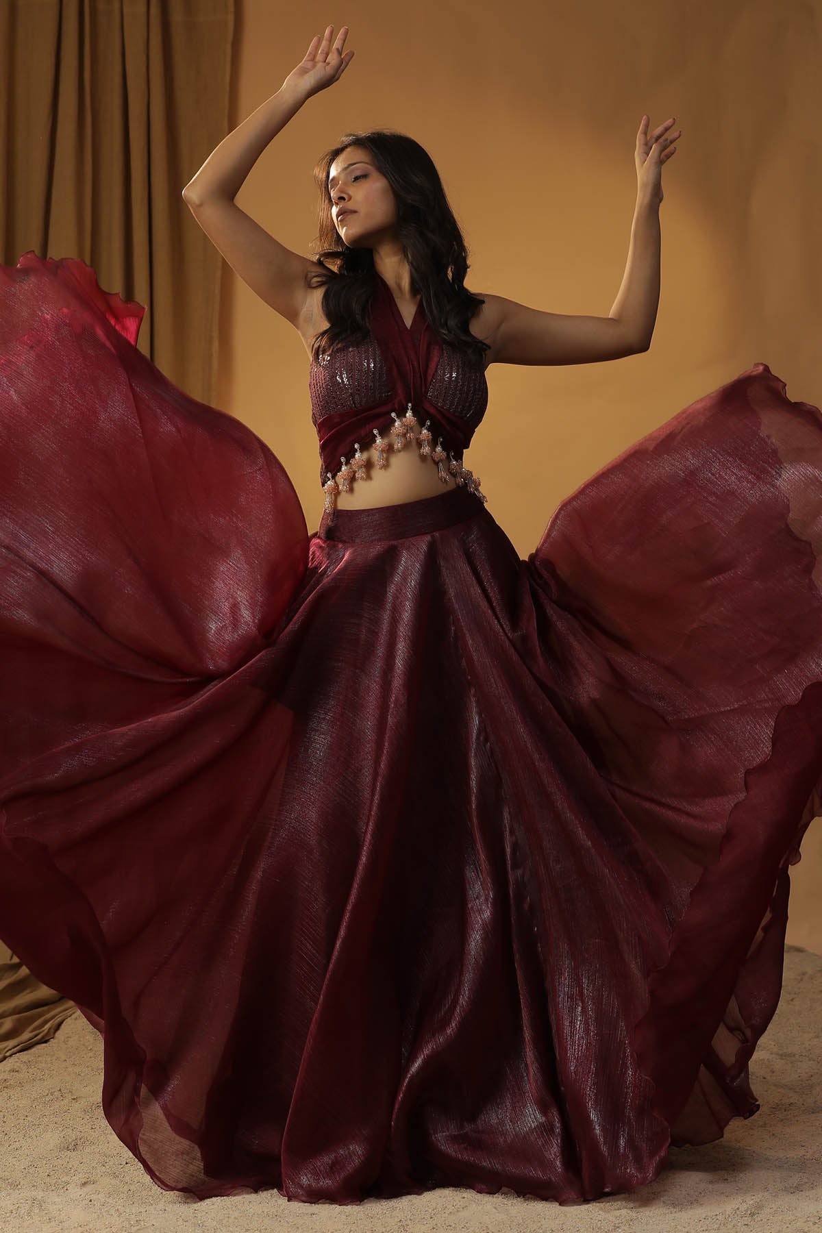 Maroon Halter Neck Lehenga Set