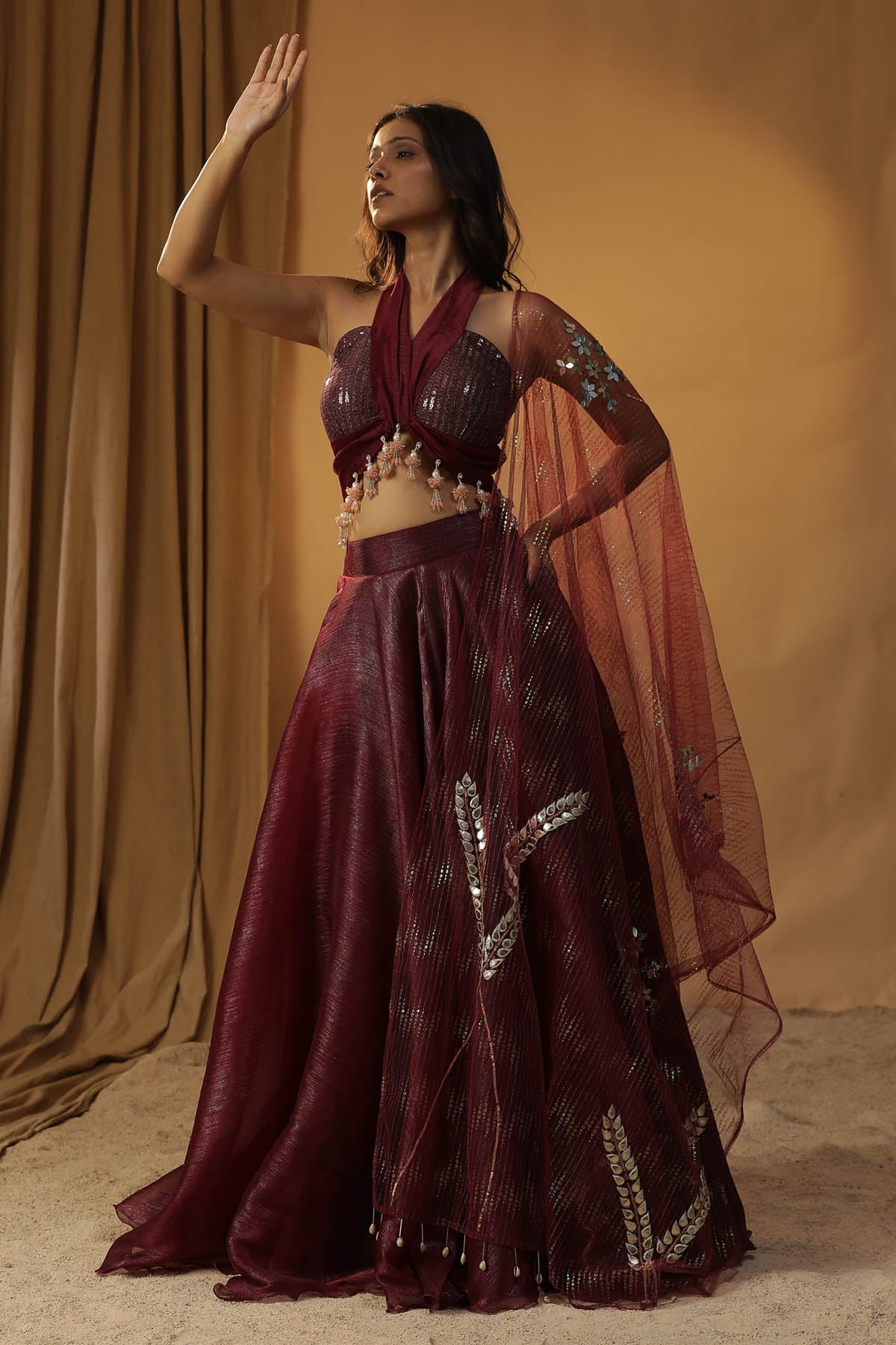 Arpita Sulakshana Maroon Halter Neck Lehenga Set for women online at ScrollnShops