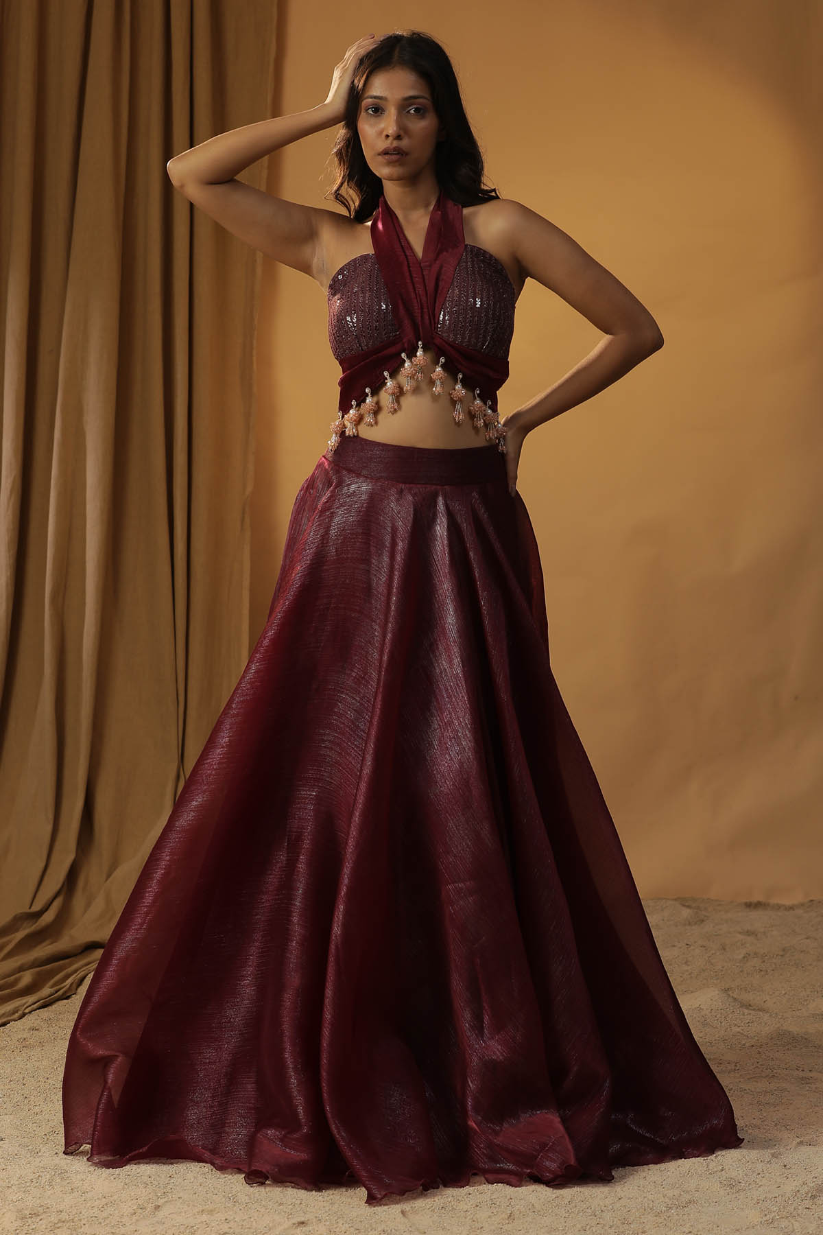 Maroon Halter Neck Lehenga Set