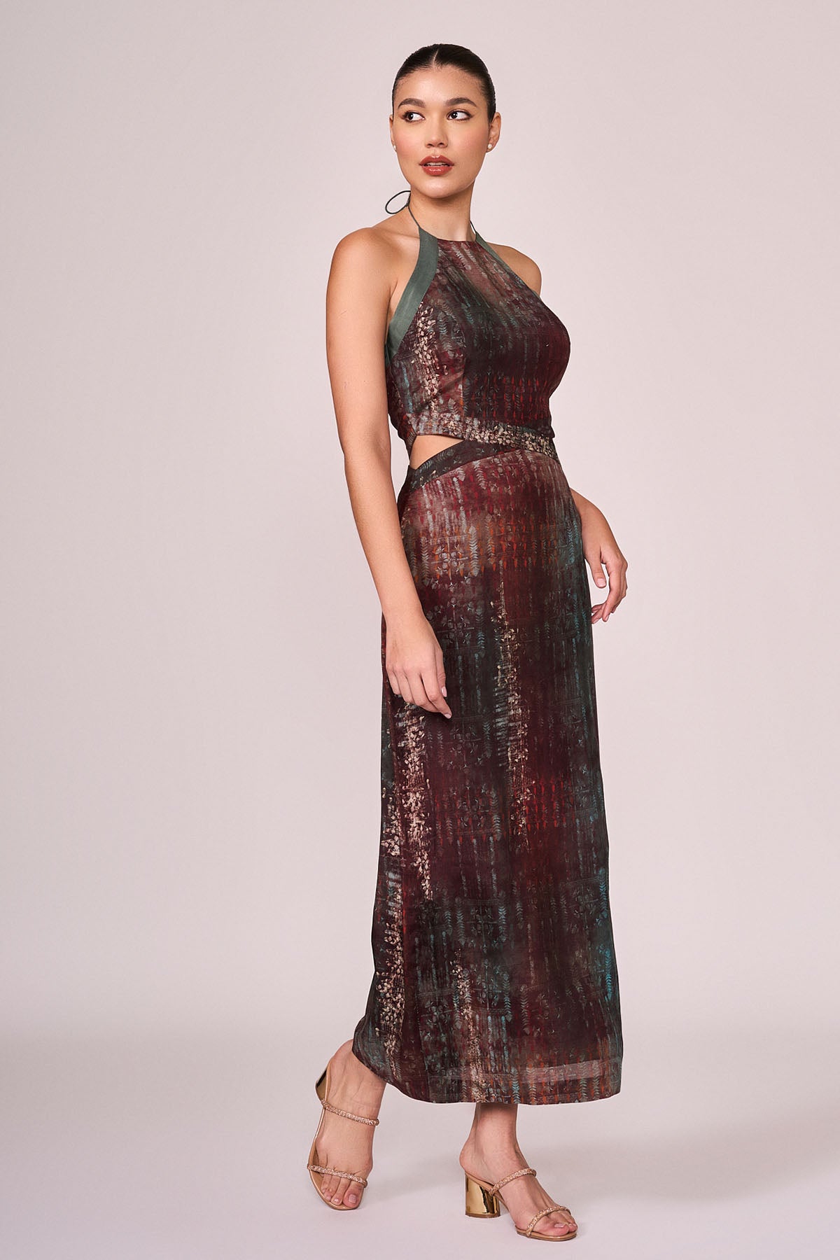 Maroon Halter Neck Print Dress