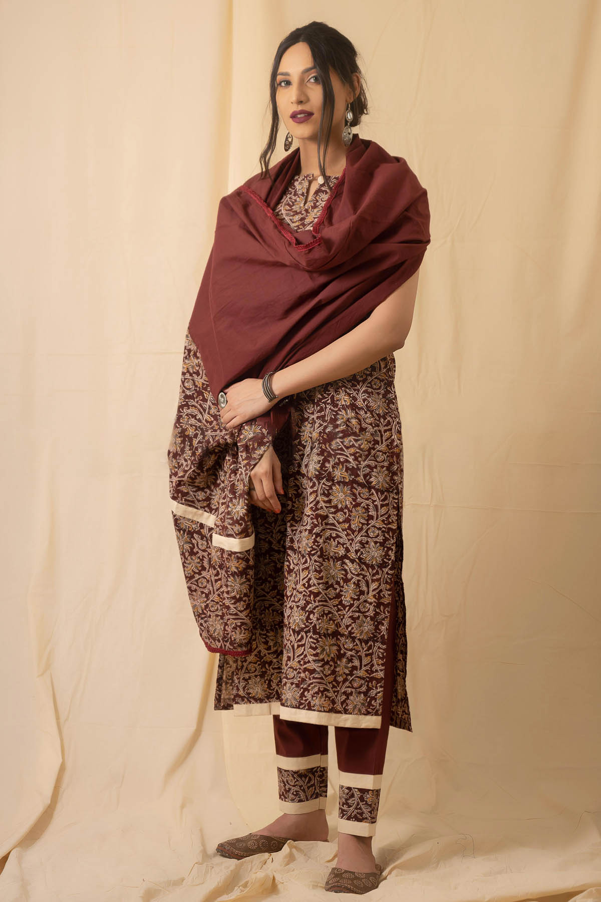 Charu Bhaskar Maroon Kalamkari Print Kurta Set for women online at ScrollnShops