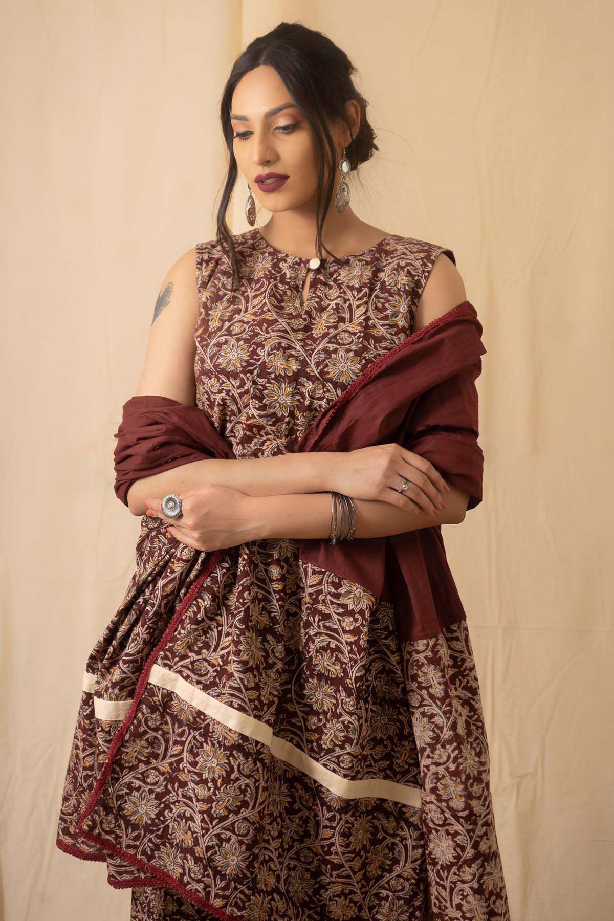 Maroon Kalamkari Print Kurta Set