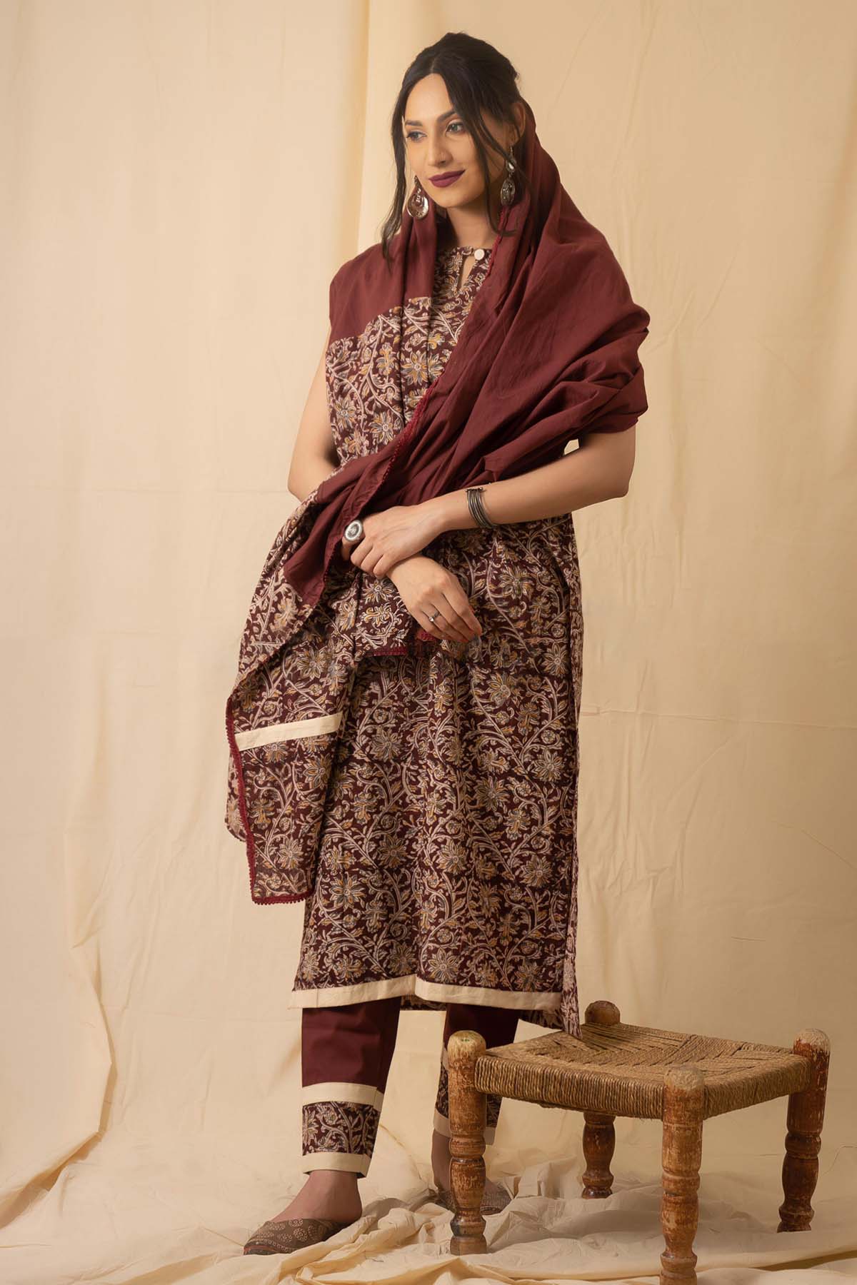 Maroon Kalamkari Print Kurta Set