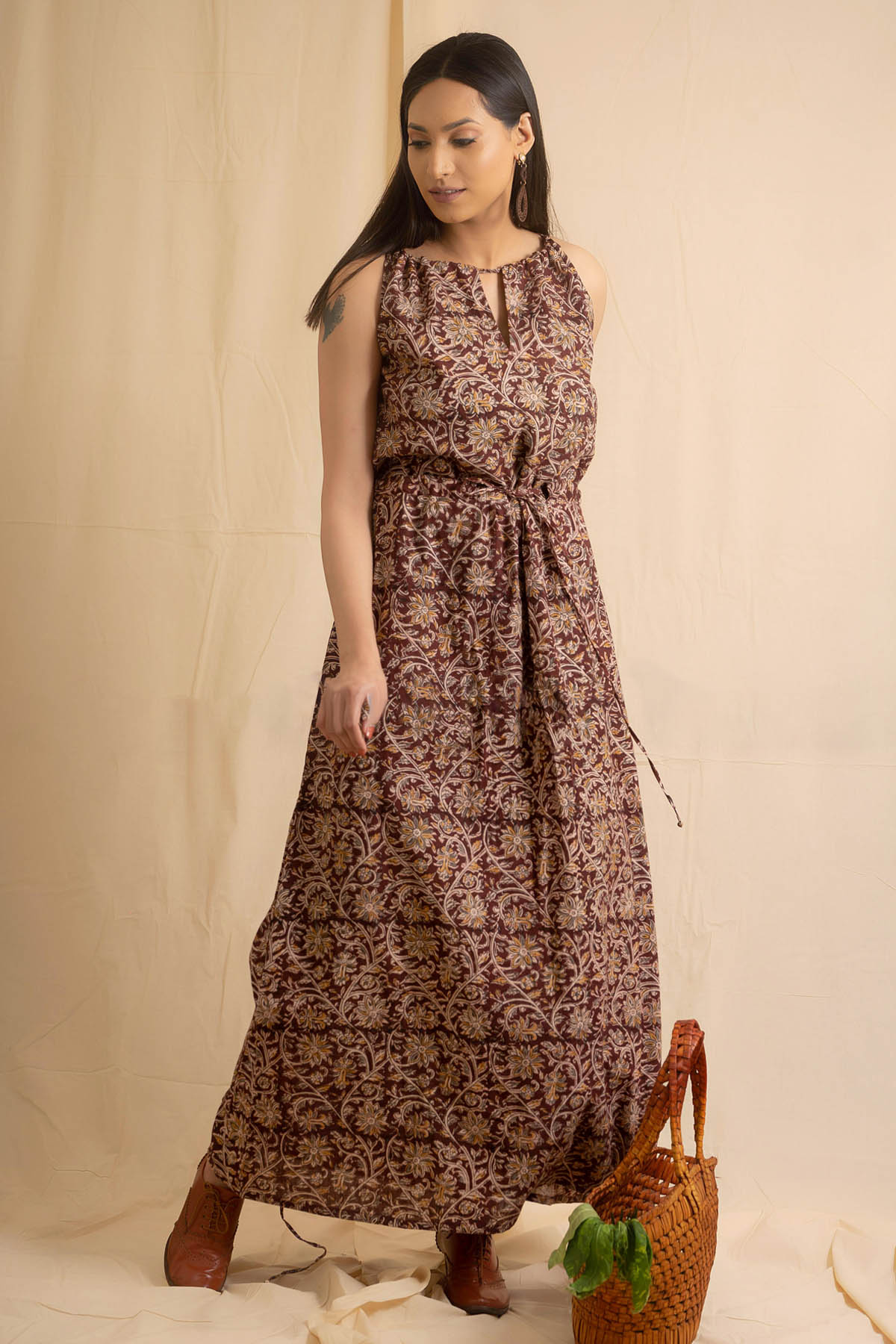 Charu Bhaskar Maroon Kalamkari Printed Dress for women online at ScrollnShops