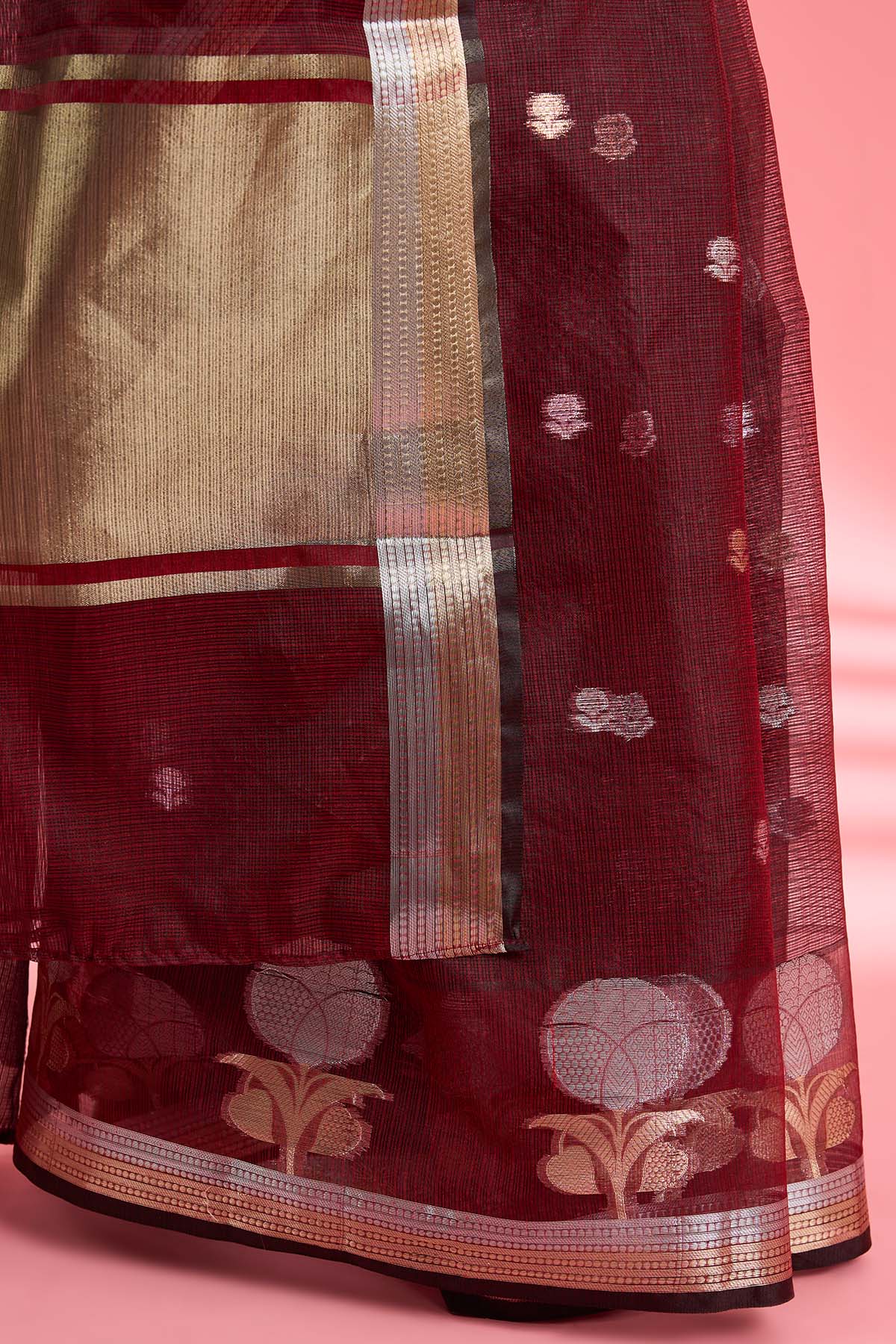 Maroon Kota Doria Silk Saree