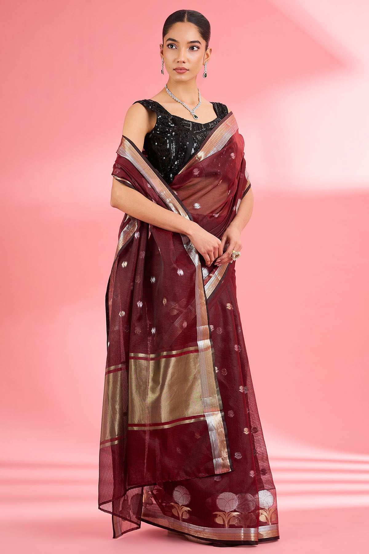 Maroon Kota Doria Silk Saree