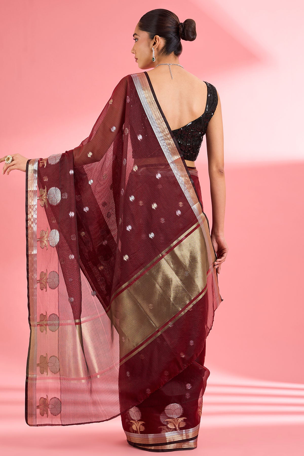 Maroon Kota Doria Silk Saree